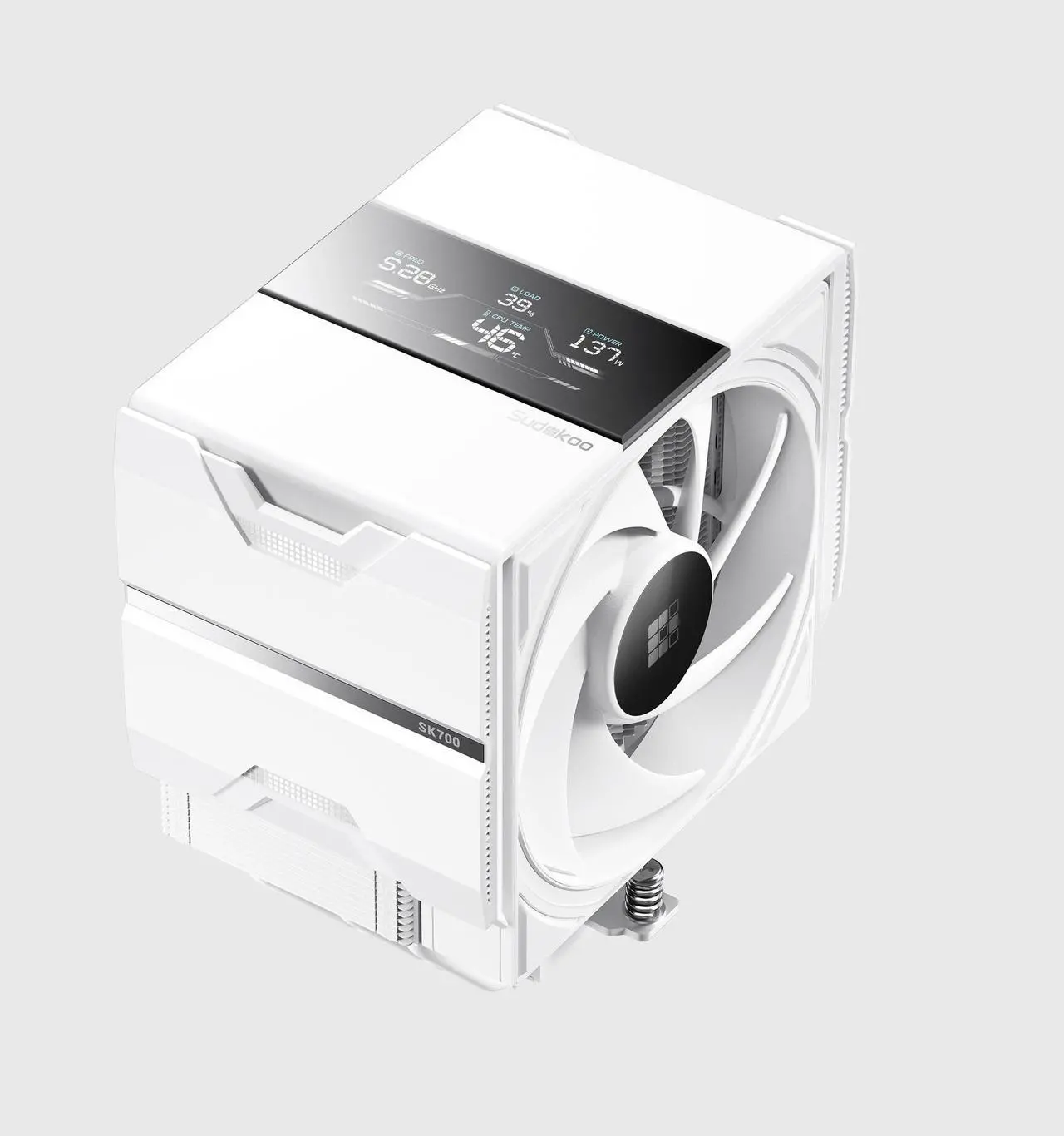 Main image of Sudokoo SK700V White AM5-Designated Digital CPU Air Cooler, Single Tower, 7 Heatpipes, Digital Display, TDP 220W, Full RAM Freedom, L-Rail Lock Mount, M-Winding Tech Fan, White