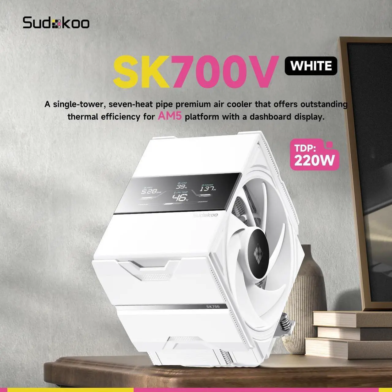 Alt view image 2 of 7 - Sudokoo SK700V White AM5-Designated Digital CPU Air Cooler, Single Tower, 7 Heatpipes, Digital Display, TDP 220W, Full RAM Freedom, L-Rail Lock Mount, M-Winding Tech Fan, White