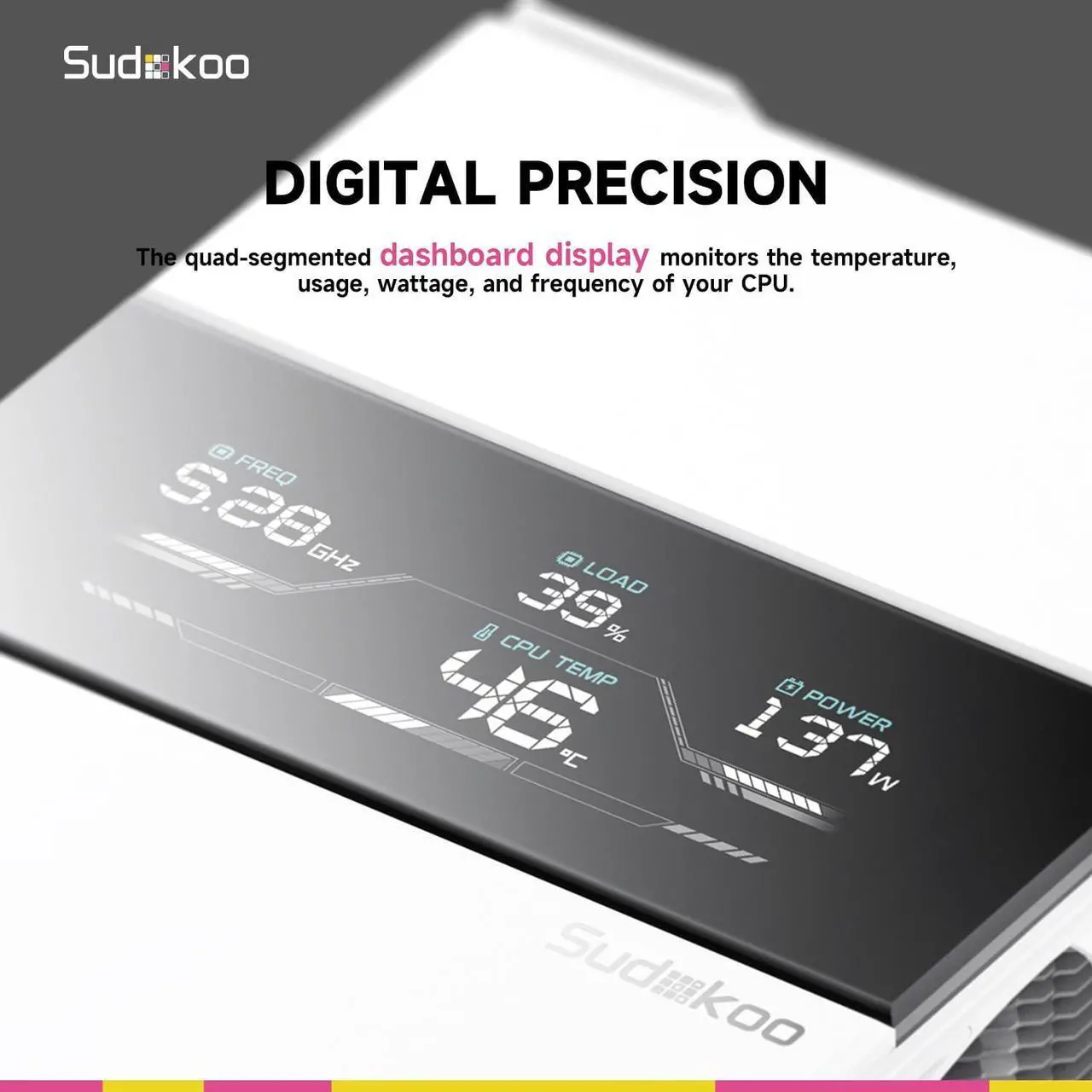 Alt view image 3 of 7 - Sudokoo SK700V White AM5-Designated Digital CPU Air Cooler, Single Tower, 7 Heatpipes, Digital Display, TDP 220W, Full RAM Freedom, L-Rail Lock Mount, M-Winding Tech Fan, White