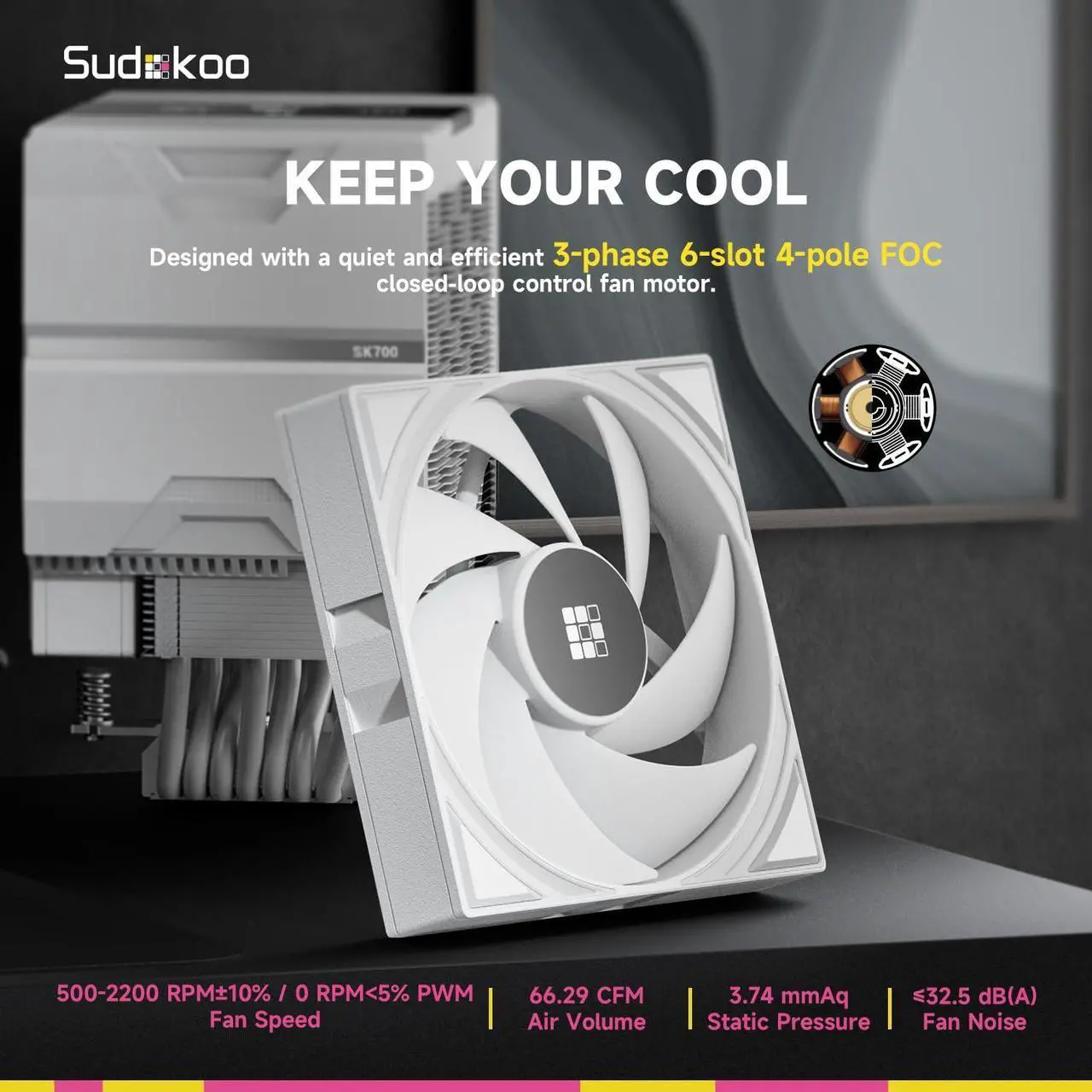 Alt view image 5 of 7 - Sudokoo SK700V White AM5-Designated Digital CPU Air Cooler, Single Tower, 7 Heatpipes, Digital Display, TDP 220W, Full RAM Freedom, L-Rail Lock Mount, M-Winding Tech Fan, White