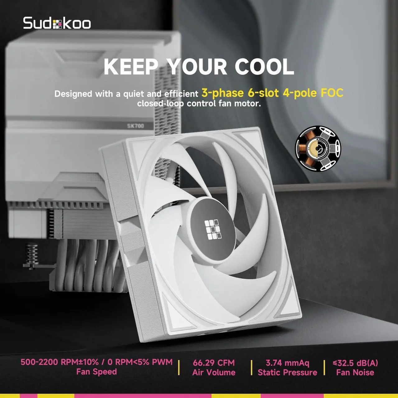 Alt view image 3 of 6 - Sudokoo SK700 White AM5-Designated CPU Air Cooler, Single Tower, 7 Heatpipes, TDP 220W, Full RAM Freedom, L-Rail Lock Mount, M-Winding Tech Fan, White