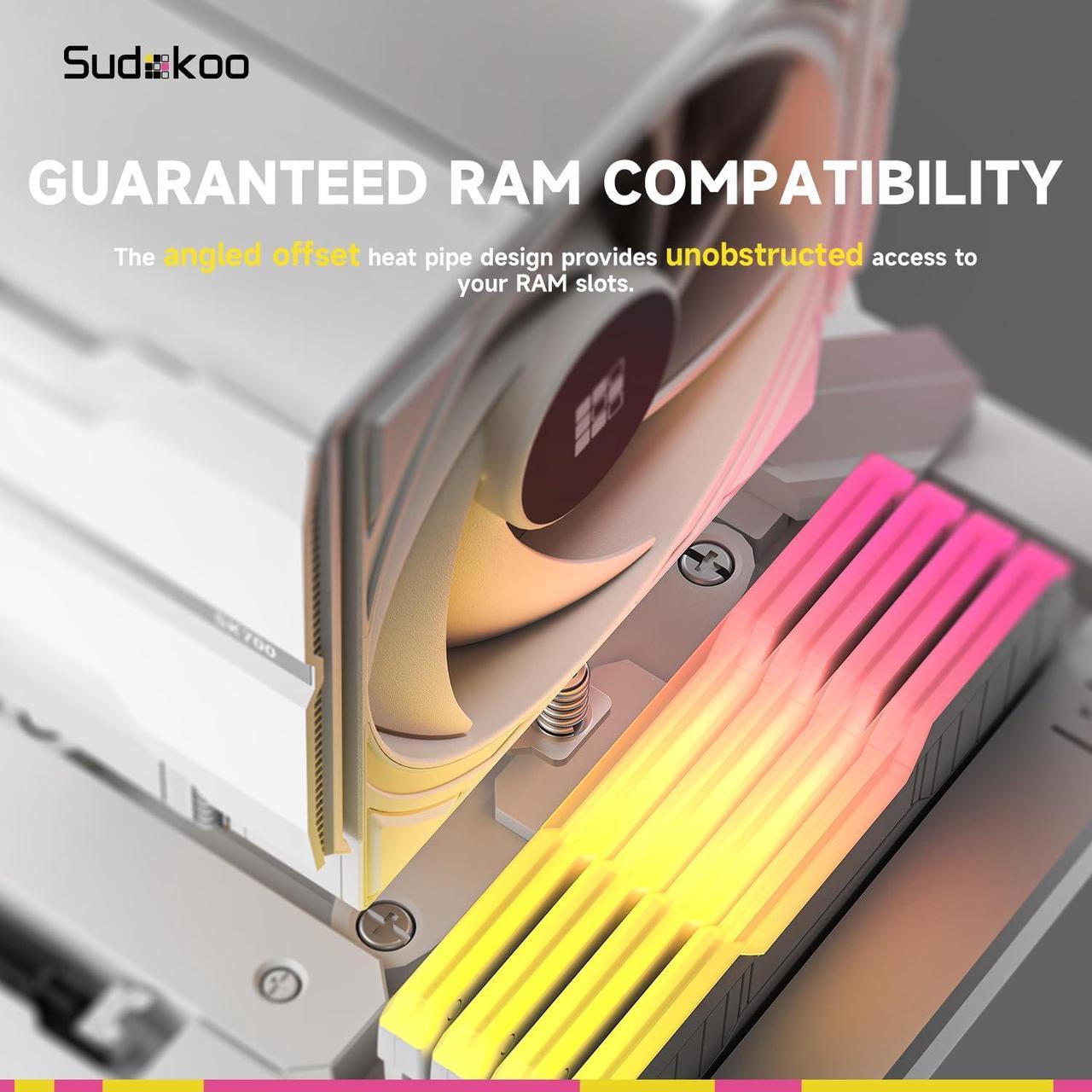Alt view image 5 of 6 - Sudokoo SK700 White AM5-Designated CPU Air Cooler, Single Tower, 7 Heatpipes, TDP 220W, Full RAM Freedom, L-Rail Lock Mount, M-Winding Tech Fan, White