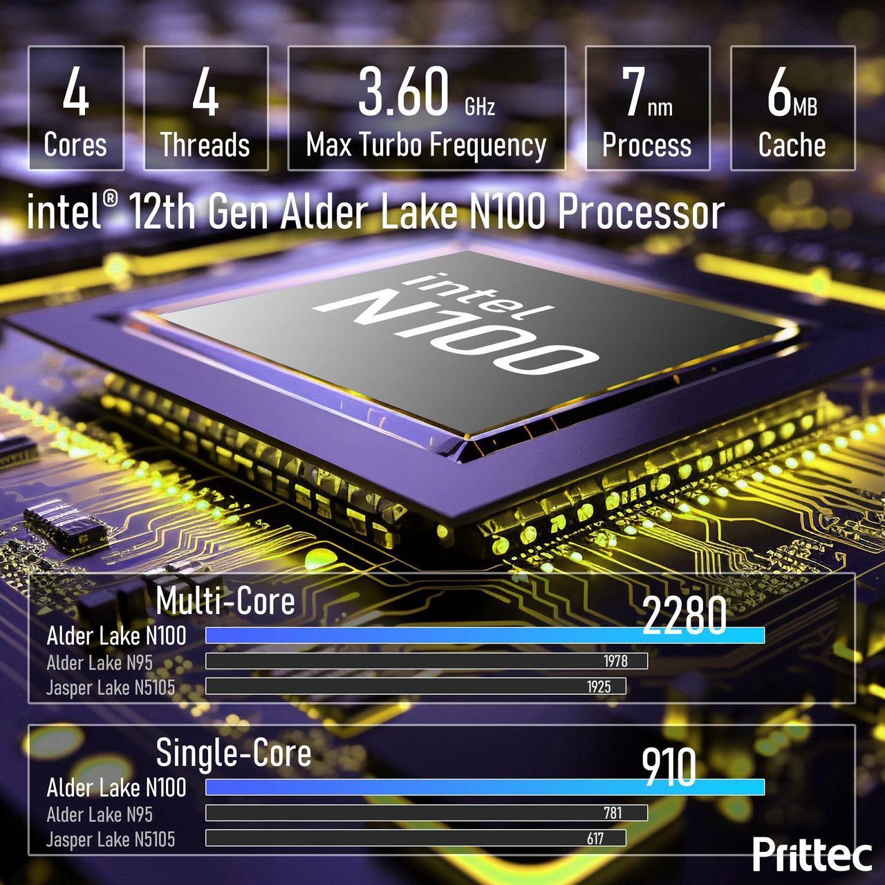 Alt view image 3 of 7 - Prittec F8C Mini PC, Intel Alder Lake-N N100, 8GB DDR4, 256GB M.2 SSD, Support 4K, Triple Display, HDMI x 2, USB3.2 Gen2 x 2, USB2.0 x 2, Type-C x 2, WiFi6/BT5.2, GB LAN (RJ45), OS