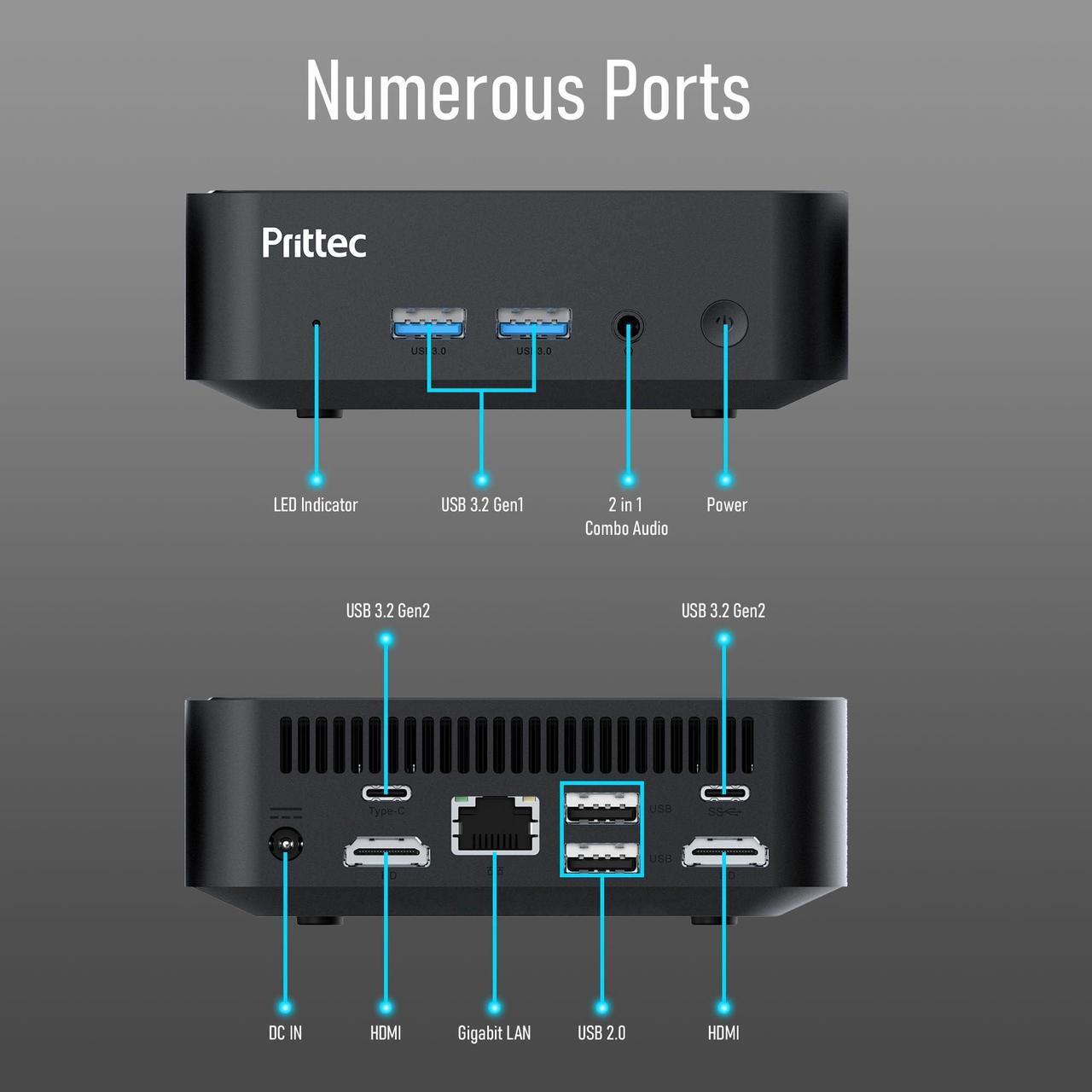 Alt view image 6 of 7 - Prittec F8C Mini PC, Intel Alder Lake-N N100, 8GB DDR4, 256GB M.2 SSD, Support 4K, Triple Display, HDMI x 2, USB3.2 Gen2 x 2, USB2.0 x 2, Type-C x 2, WiFi6/BT5.2, GB LAN (RJ45), OS