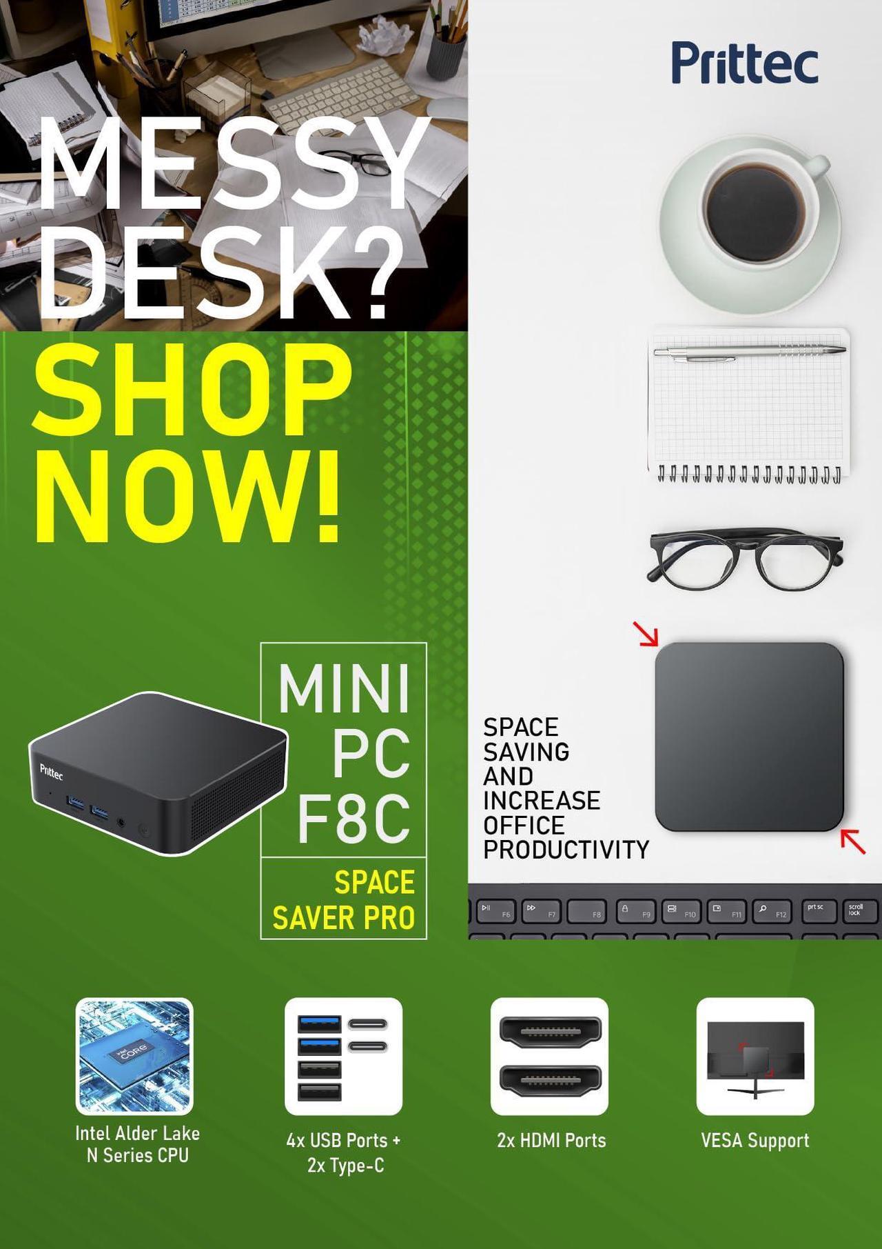 Alt view image 7 of 7 - Prittec F8C Mini PC, Intel Alder Lake-N N100, 8GB DDR4, 256GB M.2 SSD, Support 4K, Triple Display, HDMI x 2, USB3.2 Gen2 x 2, USB2.0 x 2, Type-C x 2, WiFi6/BT5.2, GB LAN (RJ45), OS