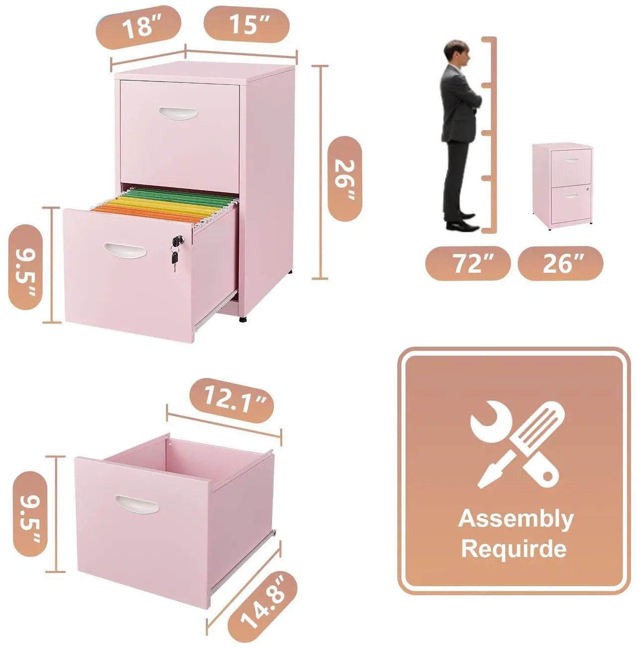 Alt view image 3 of 7 - Polup 2 Drawer File Cabinet with Lock, Two Drawer Filing Cabinet for Home Office, Small Files Cabinets for Under Desk, Metal Locking Filing Cabinets for Letter Size, Pink, Assembly Required