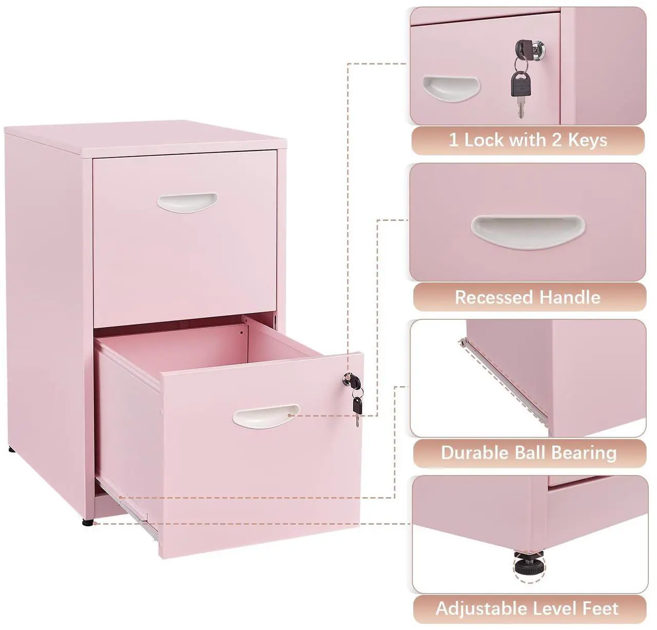 Alt view image 5 of 7 - Polup 2 Drawer File Cabinet with Lock, Two Drawer Filing Cabinet for Home Office, Small Files Cabinets for Under Desk, Metal Locking Filing Cabinets for Letter Size, Pink, Assembly Required