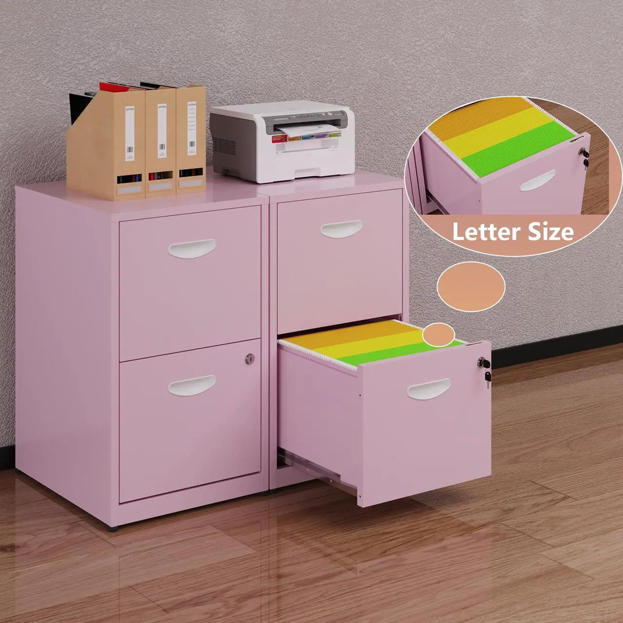Alt view image 7 of 7 - Polup 2 Drawer File Cabinet with Lock, Two Drawer Filing Cabinet for Home Office, Small Files Cabinets for Under Desk, Metal Locking Filing Cabinets for Letter Size, Pink, Assembly Required