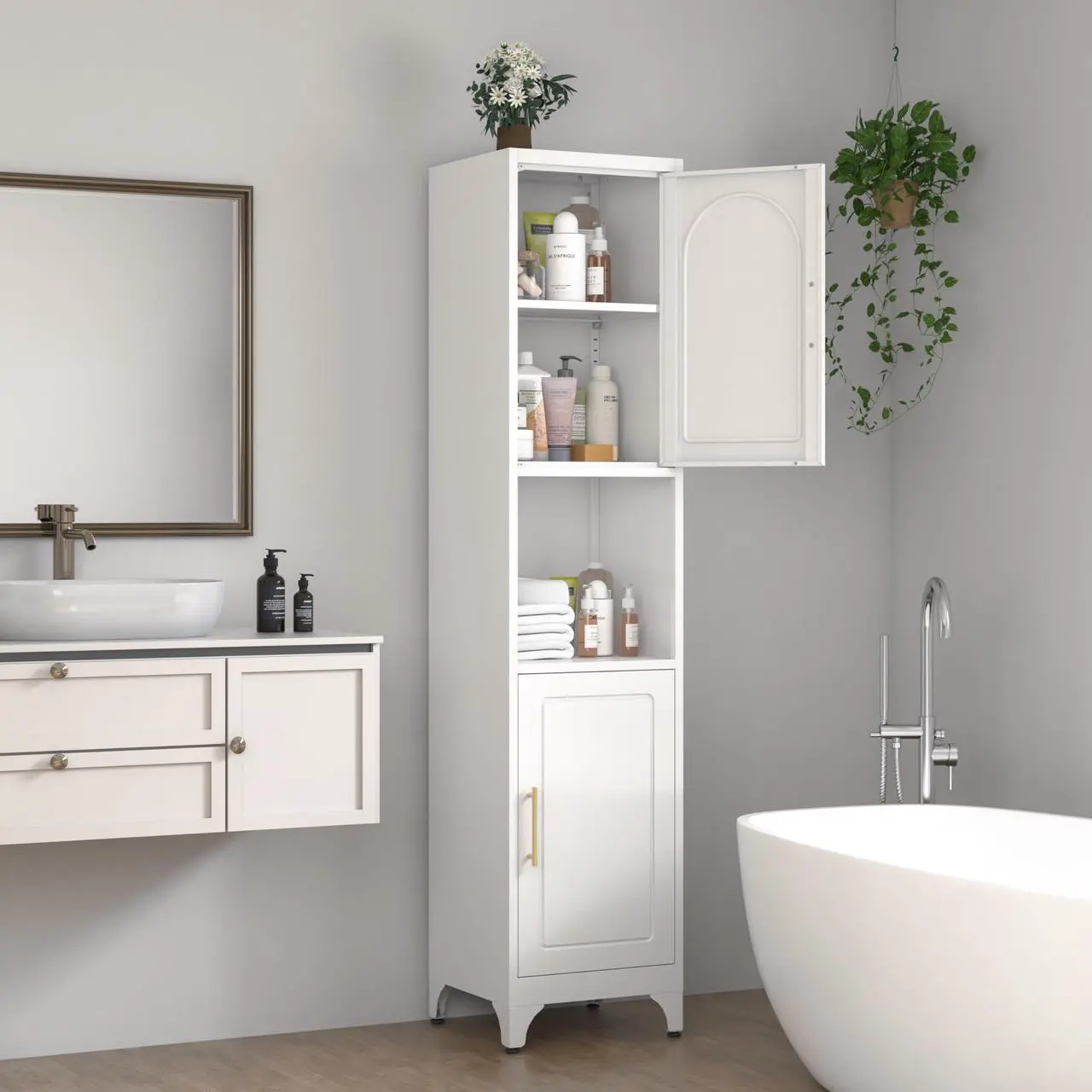 Alt view image 2 of 7 - Polup Narrow Bathroom Storage Cabinet, 75" Tall Freestanding Slim Cabinet for Small Spaces, Skinny Metal Storage Cabinets with Doors and Shelves for Living Room, Kitchen, White, Assembly Required