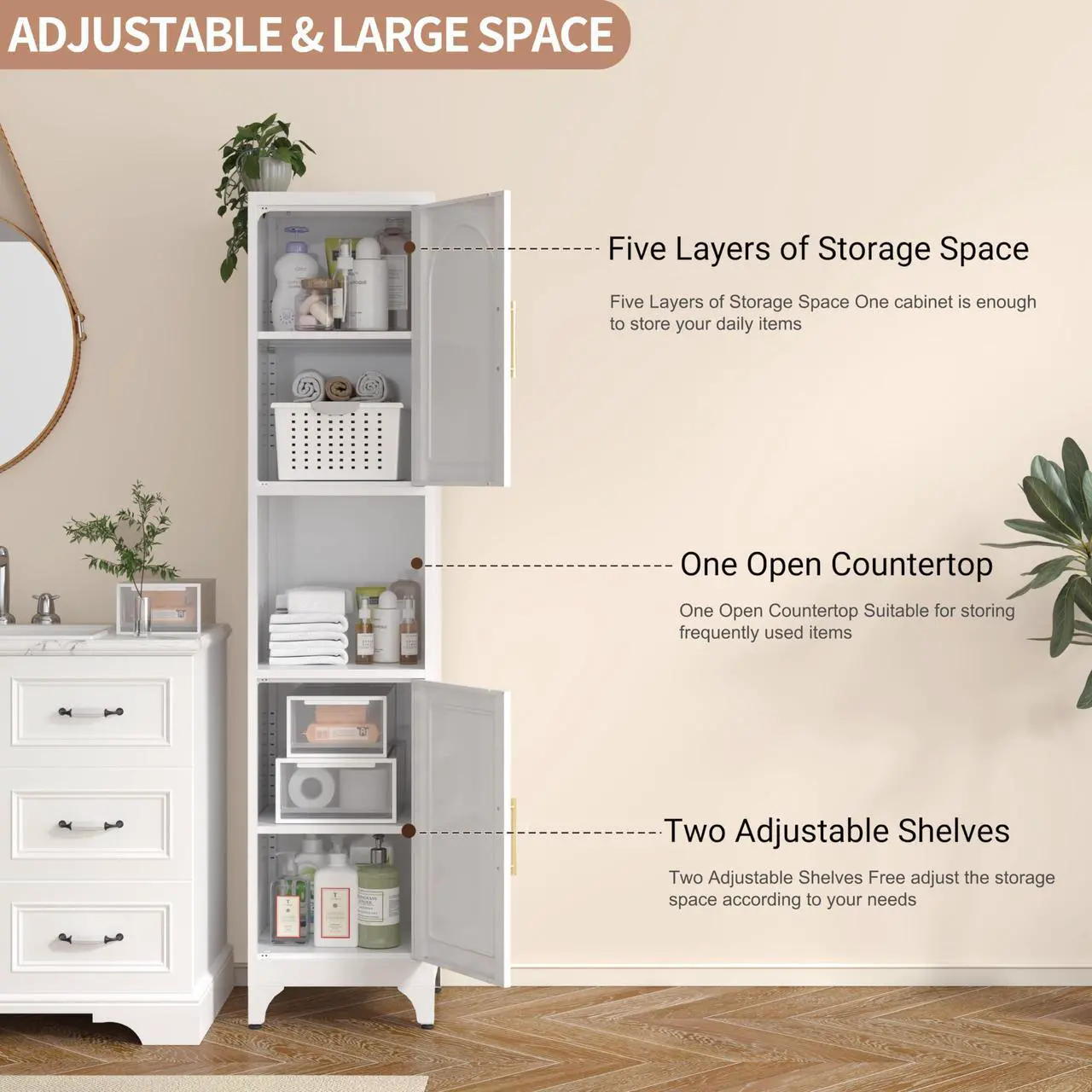 Alt view image 4 of 7 - Polup Narrow Bathroom Storage Cabinet, 75" Tall Freestanding Slim Cabinet for Small Spaces, Skinny Metal Storage Cabinets with Doors and Shelves for Living Room, Kitchen, White, Assembly Required
