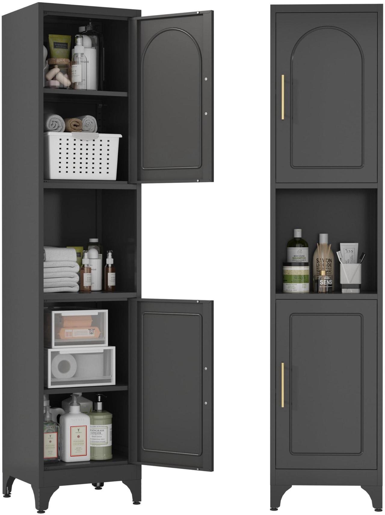 Main image of Polup Slim Bathroom Storage Cabinet, 75" Tall Freestanding Narrow Cabinets for Small Spaces, Skinny Metal Storage Cabinet with Doors and Shelves for Living Room, Kitchen, Black - Assembly Required