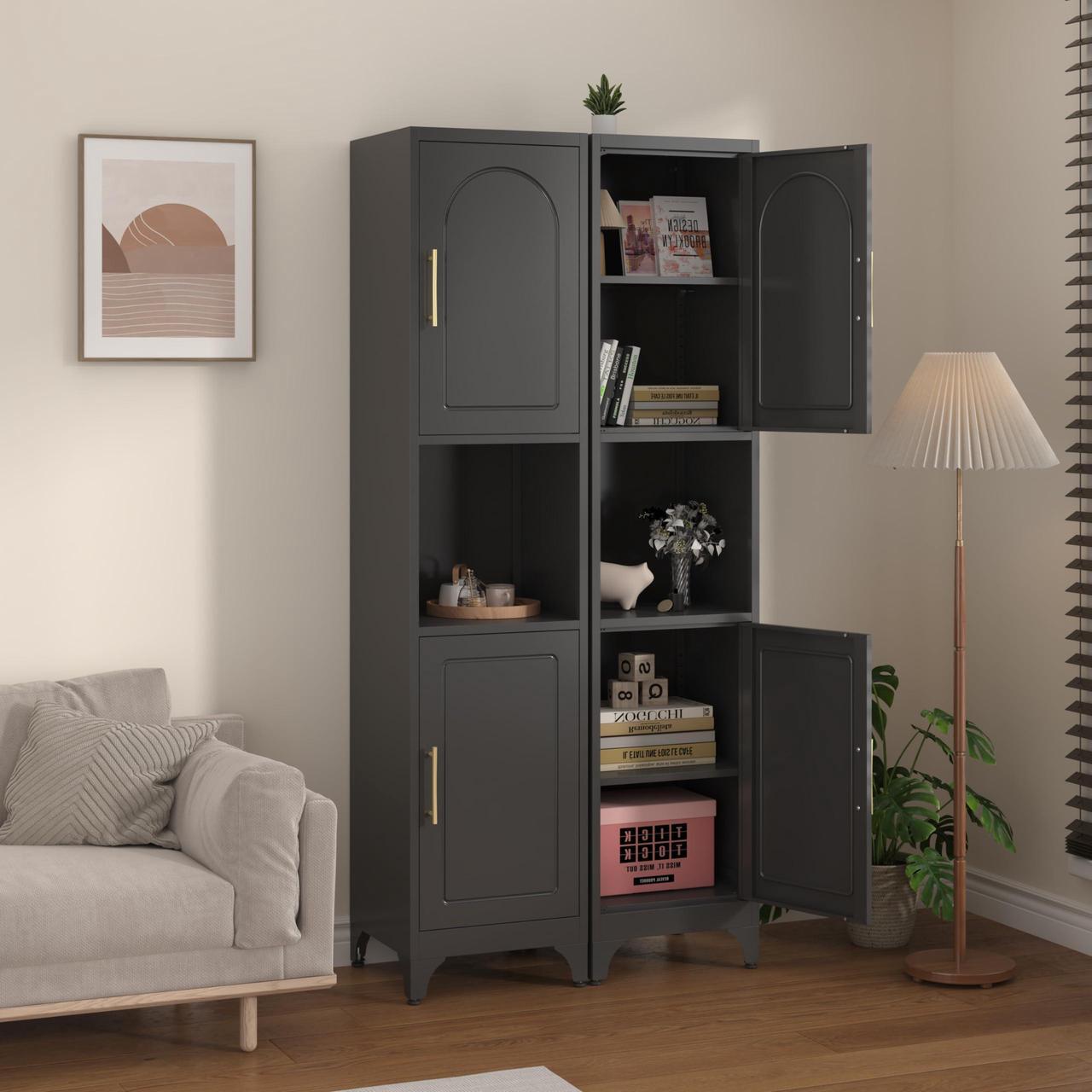 Alt view image 2 of 7 - Polup Slim Bathroom Storage Cabinet, 75" Tall Freestanding Narrow Cabinets for Small Spaces, Skinny Metal Storage Cabinet with Doors and Shelves for Living Room, Kitchen, Black - Assembly Required