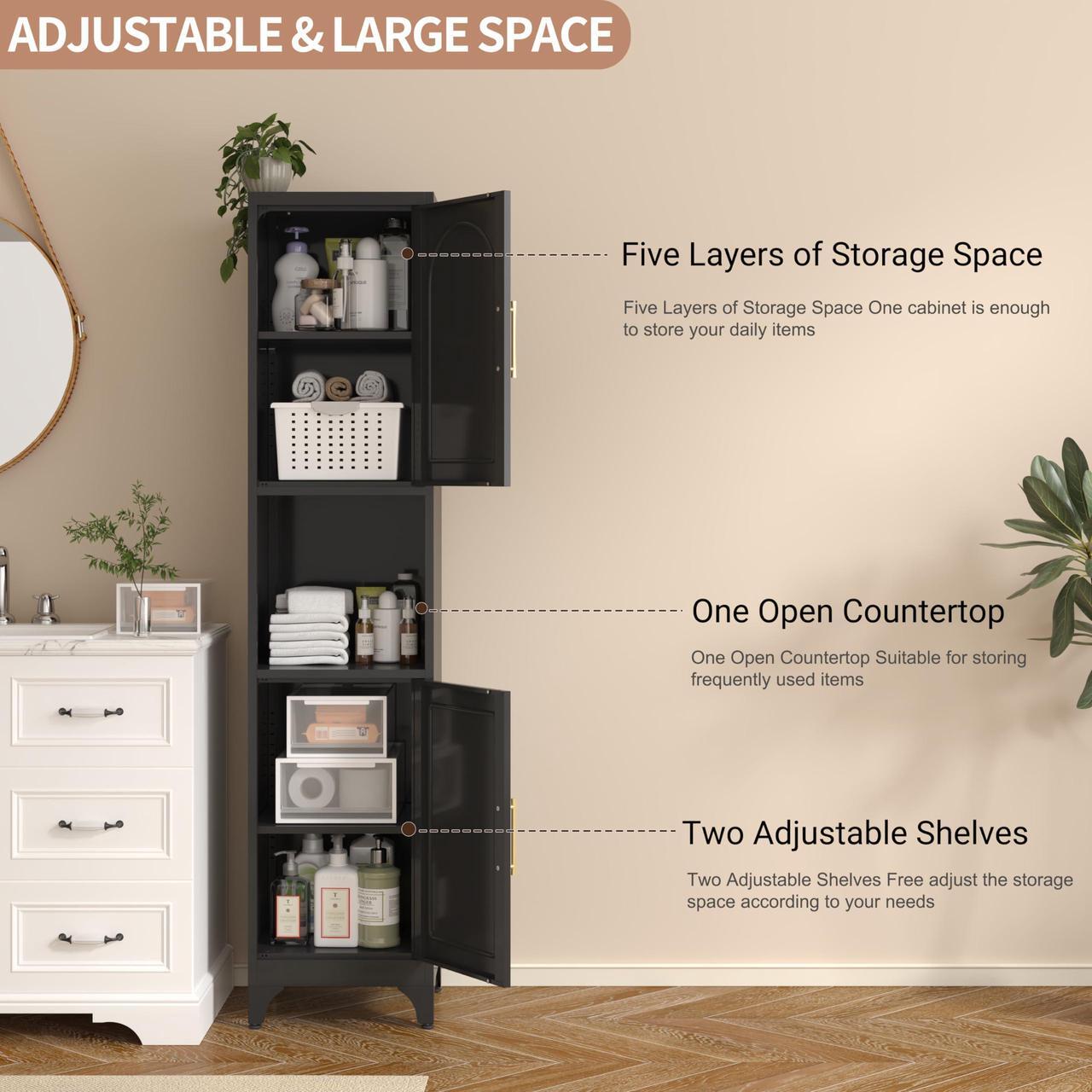 Alt view image 4 of 7 - Polup Slim Bathroom Storage Cabinet, 75" Tall Freestanding Narrow Cabinets for Small Spaces, Skinny Metal Storage Cabinet with Doors and Shelves for Living Room, Kitchen, Black - Assembly Required