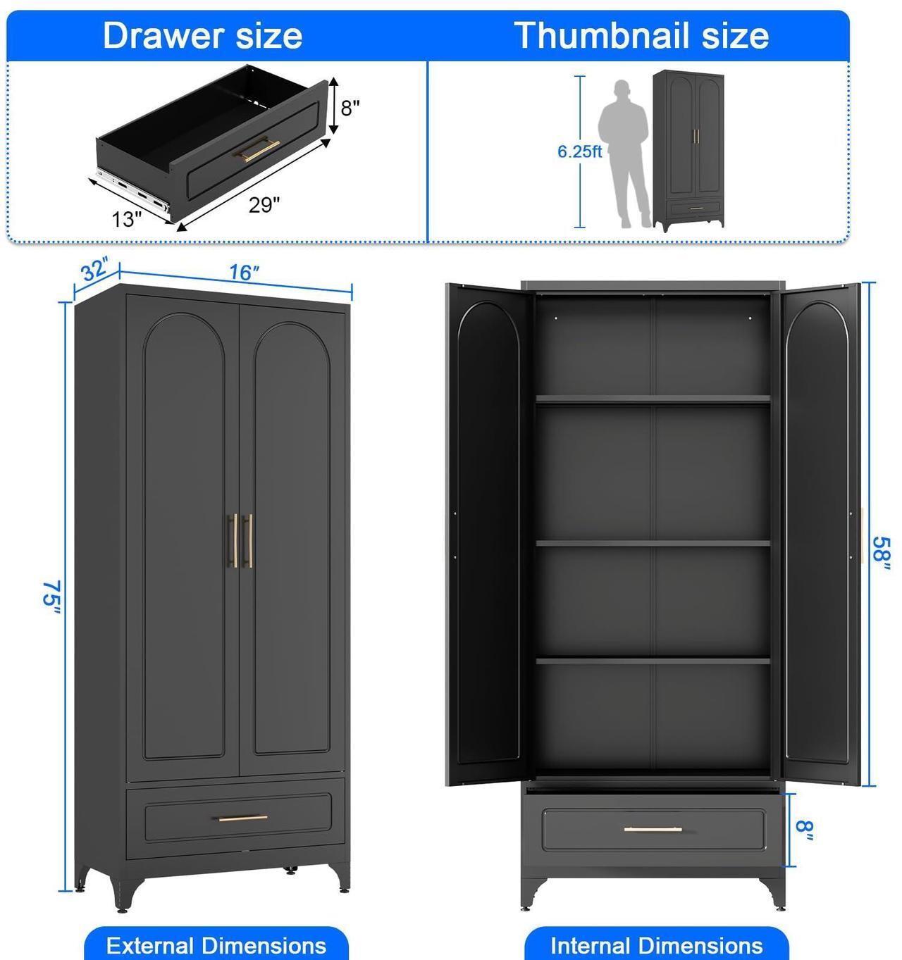 Alt view image 3 of 7 - Polup Black Pantry Kitchen Cabinet with Drawer, 75 Inch Metal Storage Cabinet with Doors and Shelves, Steel Food Pantries, Large Freestanding Cupboard for Living&Dining Room-Assemble Required