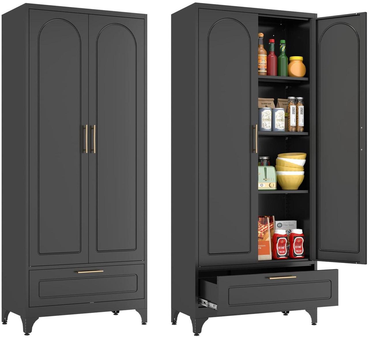 Main image of Polup Black Pantry Kitchen Cabinet with Drawer, 75 Inch Metal Storage Cabinet with Doors and Shelves, Steel Food Pantries, Large Freestanding Cupboard for Living&Dining Room-Assemble Required
