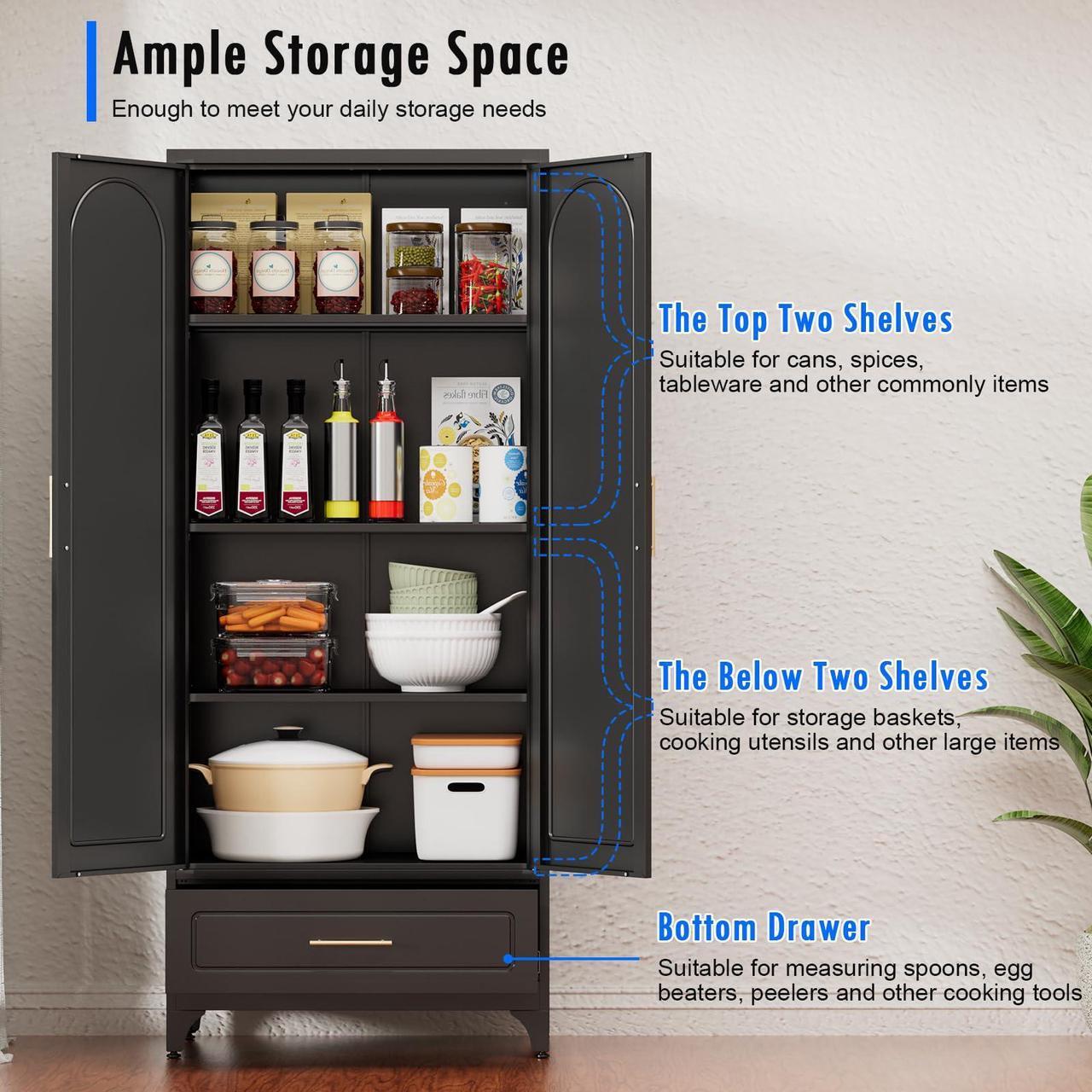 Alt view image 4 of 7 - Polup Black Pantry Kitchen Cabinet with Drawer, 75 Inch Metal Storage Cabinet with Doors and Shelves, Steel Food Pantries, Large Freestanding Cupboard for Living&Dining Room-Assemble Required
