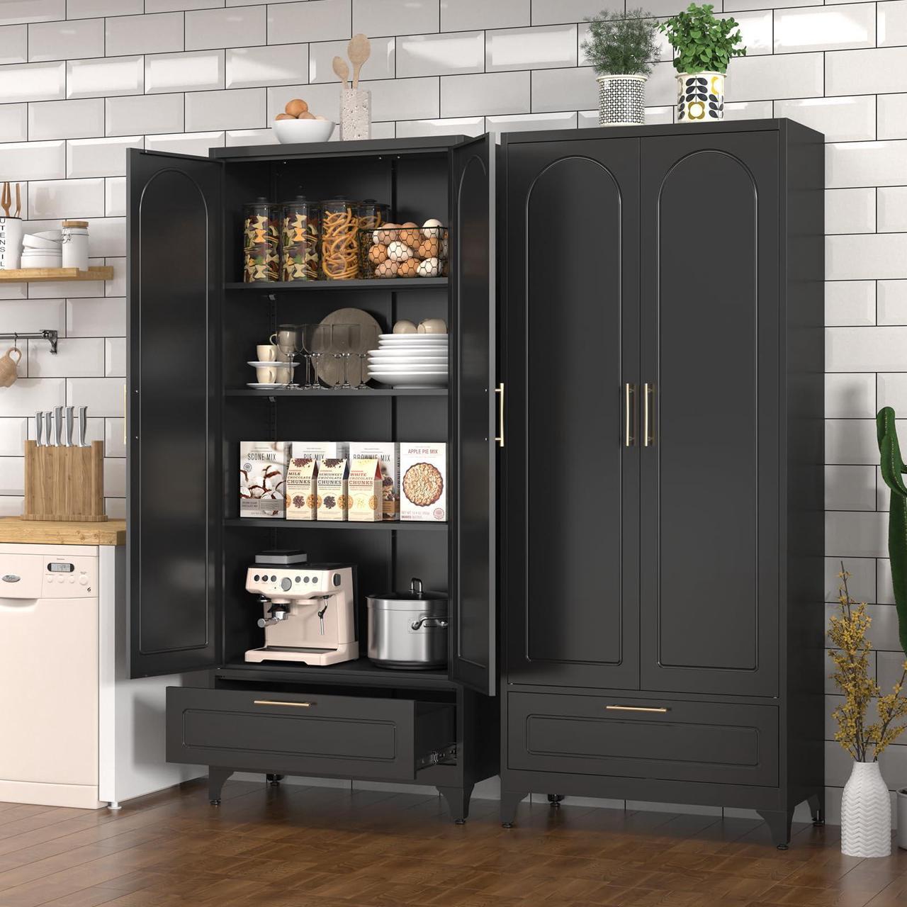 Alt view image 2 of 7 - Polup Black Pantry Kitchen Cabinet with Drawer, 75 Inch Metal Storage Cabinet with Doors and Shelves, Steel Food Pantries, Large Freestanding Cupboard for Living&Dining Room-Assemble Required