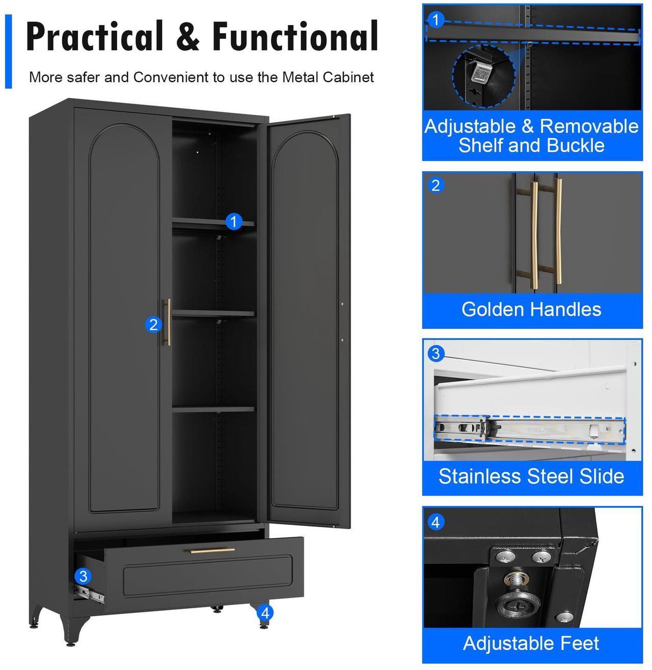 Alt view image 7 of 7 - Polup Black Pantry Kitchen Cabinet with Drawer, 75 Inch Metal Storage Cabinet with Doors and Shelves, Steel Food Pantries, Large Freestanding Cupboard for Living&Dining Room-Assemble Required