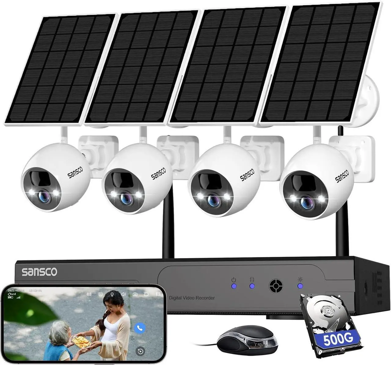 Main image of [True Wire-Free] SANSCO Wireless Battery Powered Security Camera System with Solar Panels & 500GB HDD, 10 Channel 2K NVR Recorder, (4) 4MP Outdoor WiFi IP Cameras, 2 Way Audio, PIR Smart Detection