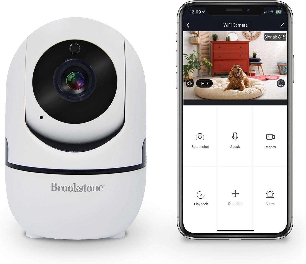 Main image of Brookstone Tilt and Pan WiFi Camera, White - Smart Home Security System with Night Vision, Motion Detector, Audio Speaker, Android/iOS App, and Live HD Video Feed