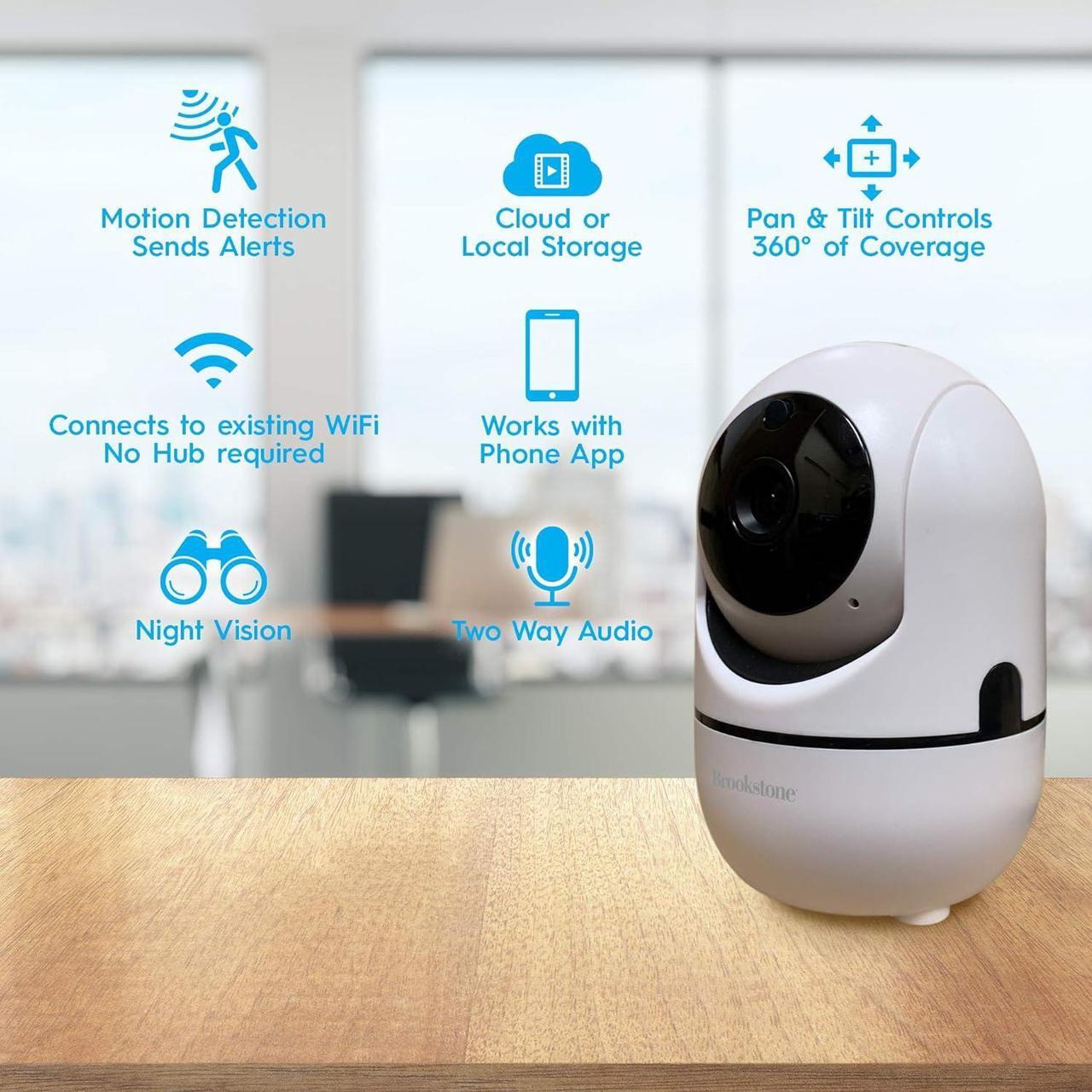 Alt view image 4 of 7 - Brookstone Tilt and Pan WiFi Camera, White - Smart Home Security System with Night Vision, Motion Detector, Audio Speaker, Android/iOS App, and Live HD Video Feed