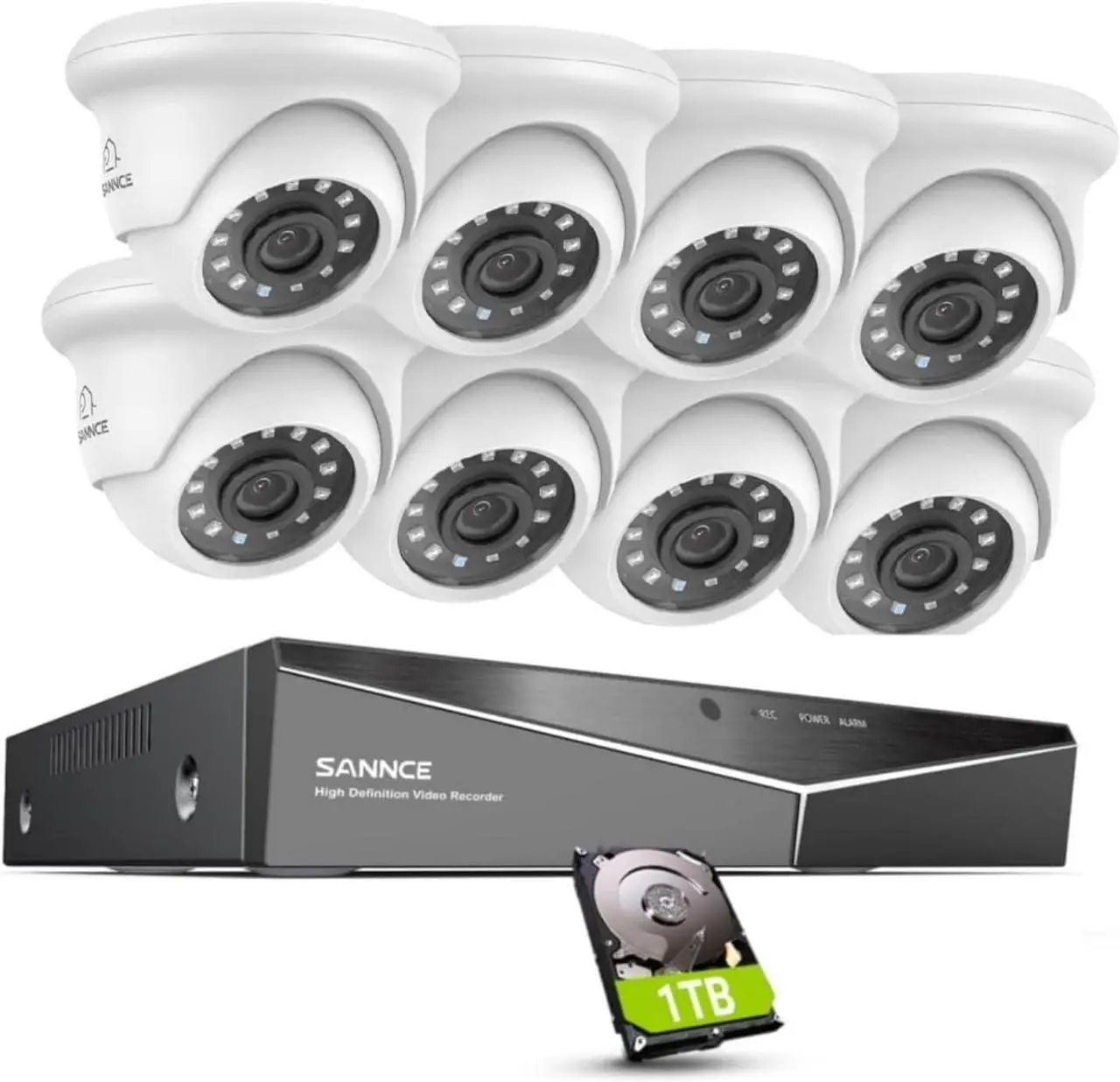 Main image of Wired Security Camera System, SANNCE 8CH CCTV DVR with 1TB Hard Drive and 8Pcs Outdoor Surveillance Cameras, Support 100ft Night Vision, Waterproof, Remote Access, Motion Alert, for 24/7 Recording