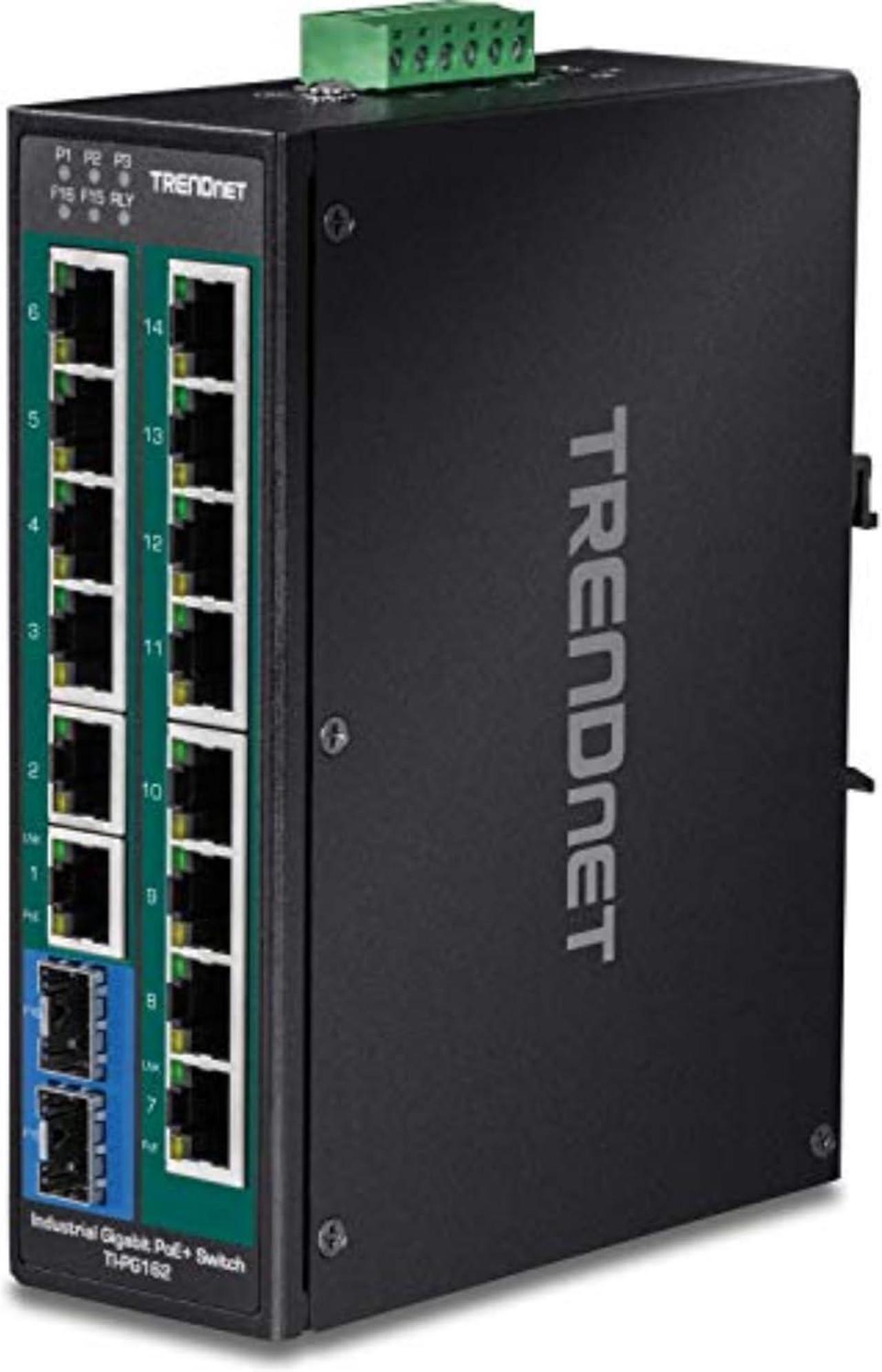 Main image of TRENDnet 16-Port Hardened Industrial Unmanaged Gigabit PoE+ DIN-Rail Switch; TI-PG162; 14 x Gigabit Ports; 2 x Gigabit SFP Slots; 32Gbps; IP30 Gigabit Network Ethernet Switch; Lifetime Protection