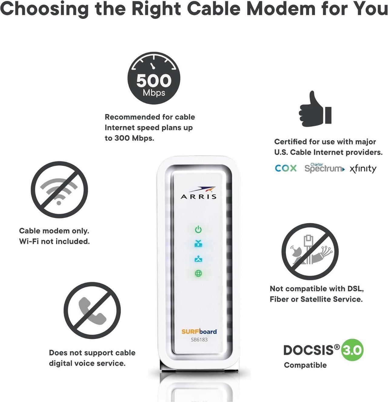 Alt view image 2 of 6 - ARRIS (SB6183) -Cable Modem - Fast DOCSIS 3.0 16x4 Gigabit Cable Modem, For Comcast Xfinity, Cox, Spectrum and more, 1 Gbps Port, 400 Mbps Max Internet Speed, 2 Year Warranty