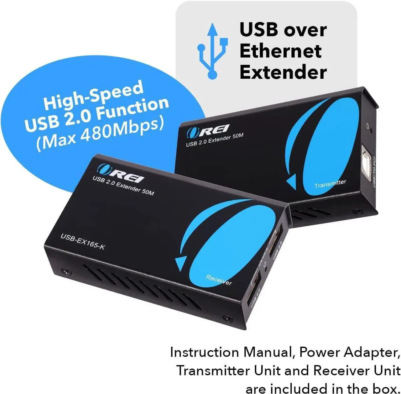 Alt view image 2 of 7 - OREI USB Over Cat5e/6 Extender Upto 165 Feet - Extends USB 2.0 Signal Over LAN Ethernet with 2 Ports - Power Over Cable for Long Distance Extension Supports All Operating System (USB-EX165-K)