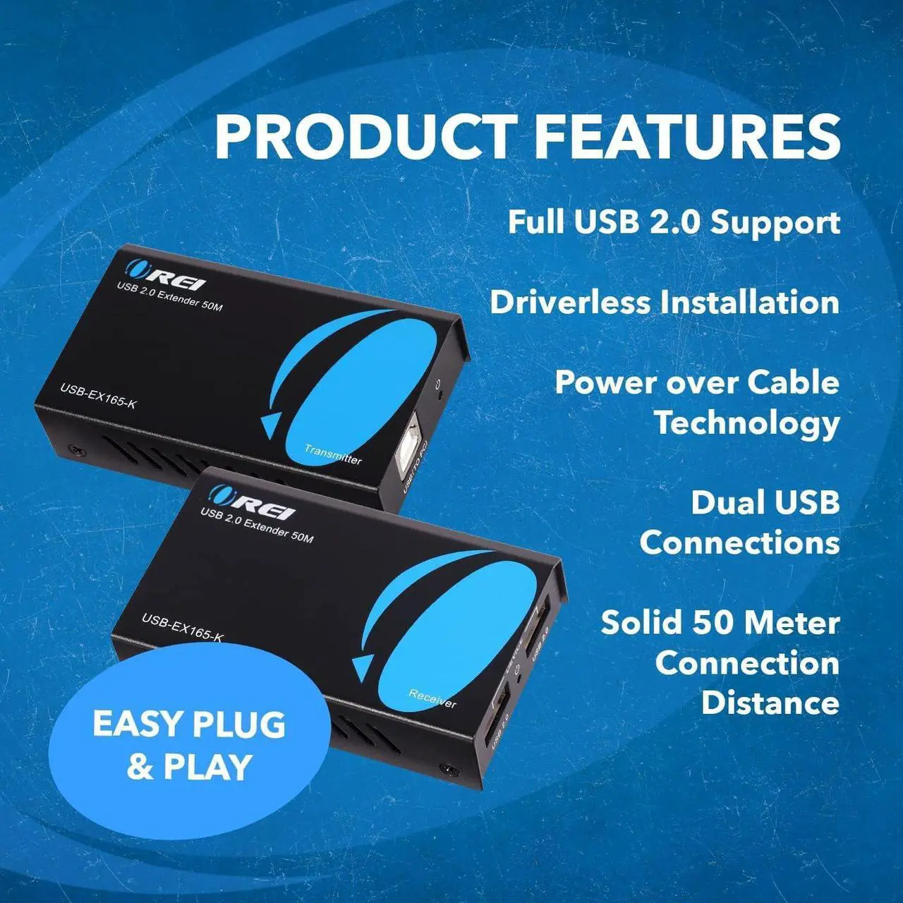 Alt view image 7 of 7 - OREI USB Over Cat5e/6 Extender Upto 165 Feet - Extends USB 2.0 Signal Over LAN Ethernet with 2 Ports - Power Over Cable for Long Distance Extension Supports All Operating System (USB-EX165-K)
