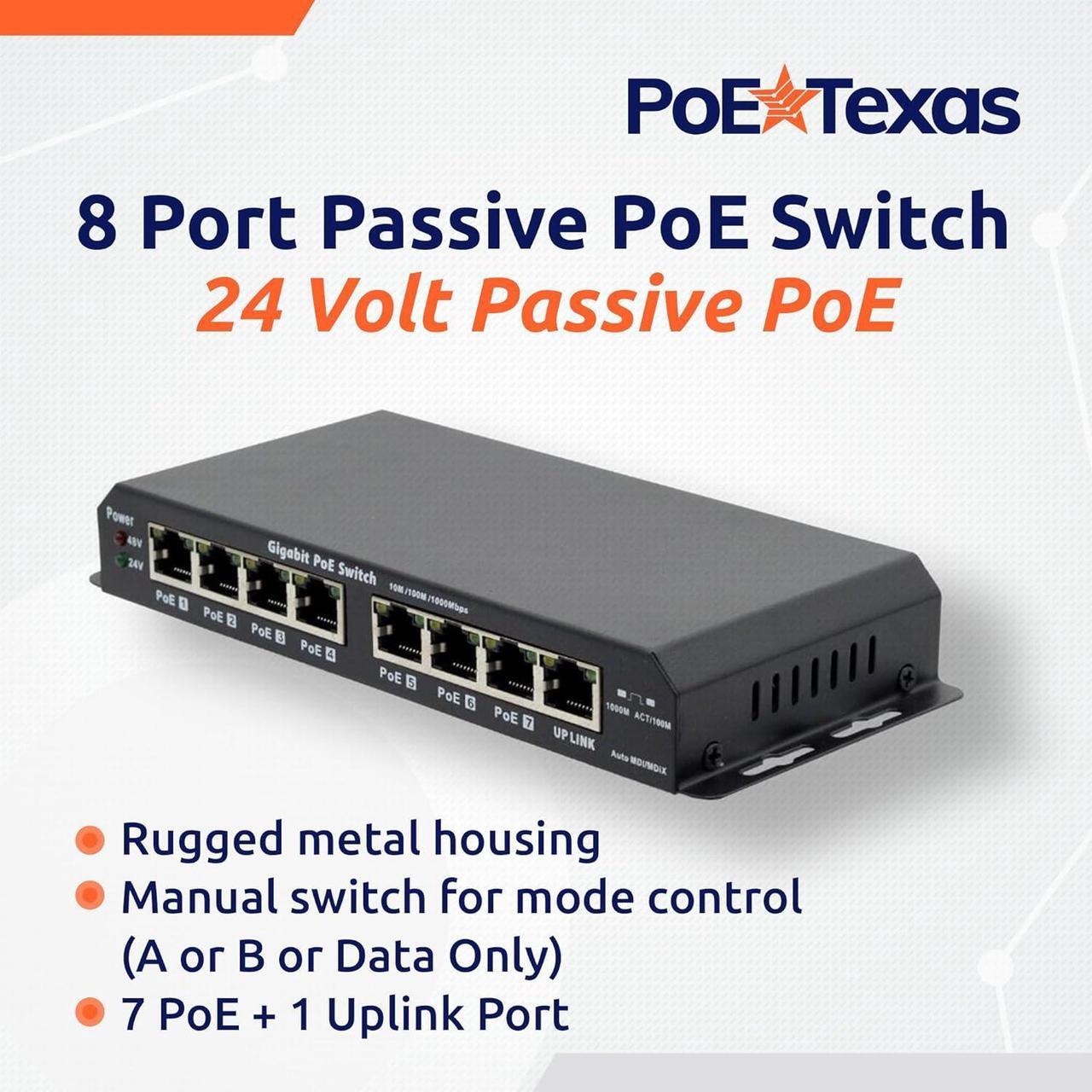 Alt view image 2 of 6 - 8 Port Passive PoE Switch - 24v Passive Unmanaged Network Gigabit PoE Switch w/ 1 Uplink Port, Power 7 Devices, Includes 24 Volt 60 Watt Power Supply, for Ubiquiti & Mikrotik Devices