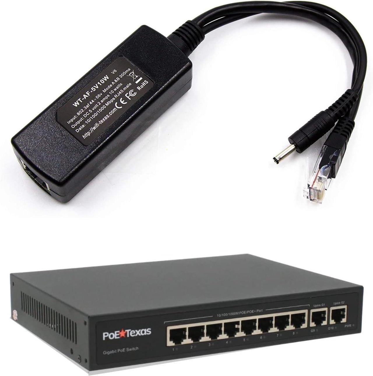 Main image of PoE Texas 802.3af Power Over Ethernet PoE Splitter with 5 Volts 10 Watts Output and 8 Port PoE Switch