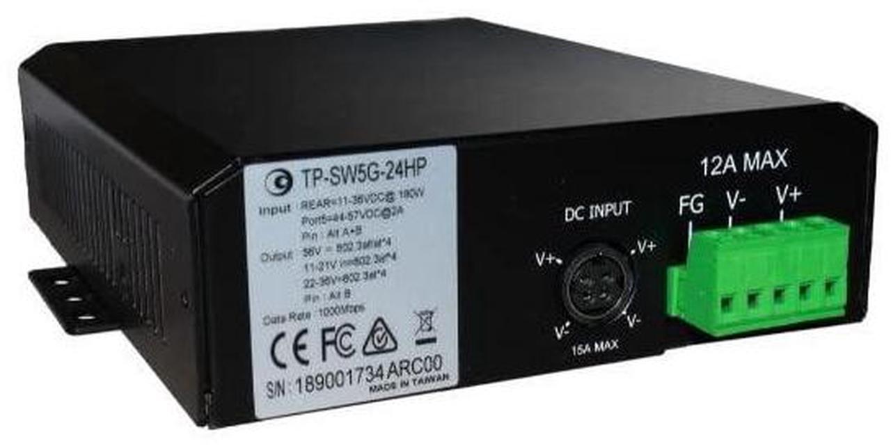 Alt view image 2 of 3 - 5 Port Unmanaged Industrial GigE 802.3at Mode B PoE Netwrk Switch, 11-36VDC Wire Term in (12AWG), 4X PoE + 1x Uplink Port, Up to 140W Total Out Power, Incl DIN Rail Mt Kit, Metal Encl, No Fan