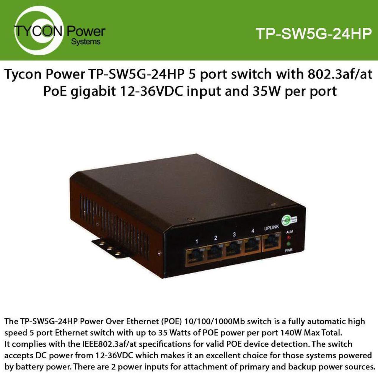 Alt view image 3 of 3 - 5 Port Unmanaged Industrial GigE 802.3at Mode B PoE Netwrk Switch, 11-36VDC Wire Term in (12AWG), 4X PoE + 1x Uplink Port, Up to 140W Total Out Power, Incl DIN Rail Mt Kit, Metal Encl, No Fan