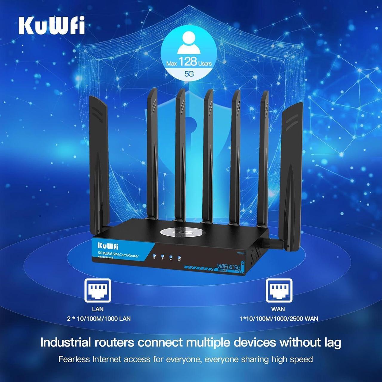 Alt view image 2 of 7 - KuWFi 5G Router Dual SIM Unlocked, WiFi 6 AX3000 2500Mbps Indoor 5G Router Dual Band SDX62, 4x4 MIMO, Band Lock/VPN, Detachable Antenna for RV/Home/Steamship