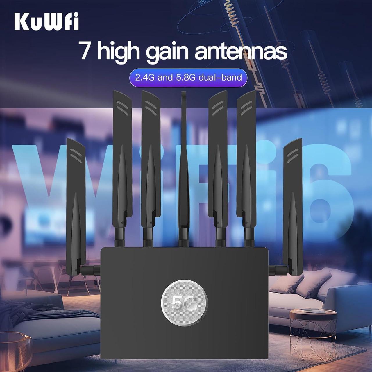 Alt view image 3 of 7 - KuWFi 5G Router Dual SIM Unlocked, WiFi 6 AX3000 2500Mbps Indoor 5G Router Dual Band SDX62, 4x4 MIMO, Band Lock/VPN, Detachable Antenna for RV/Home/Steamship