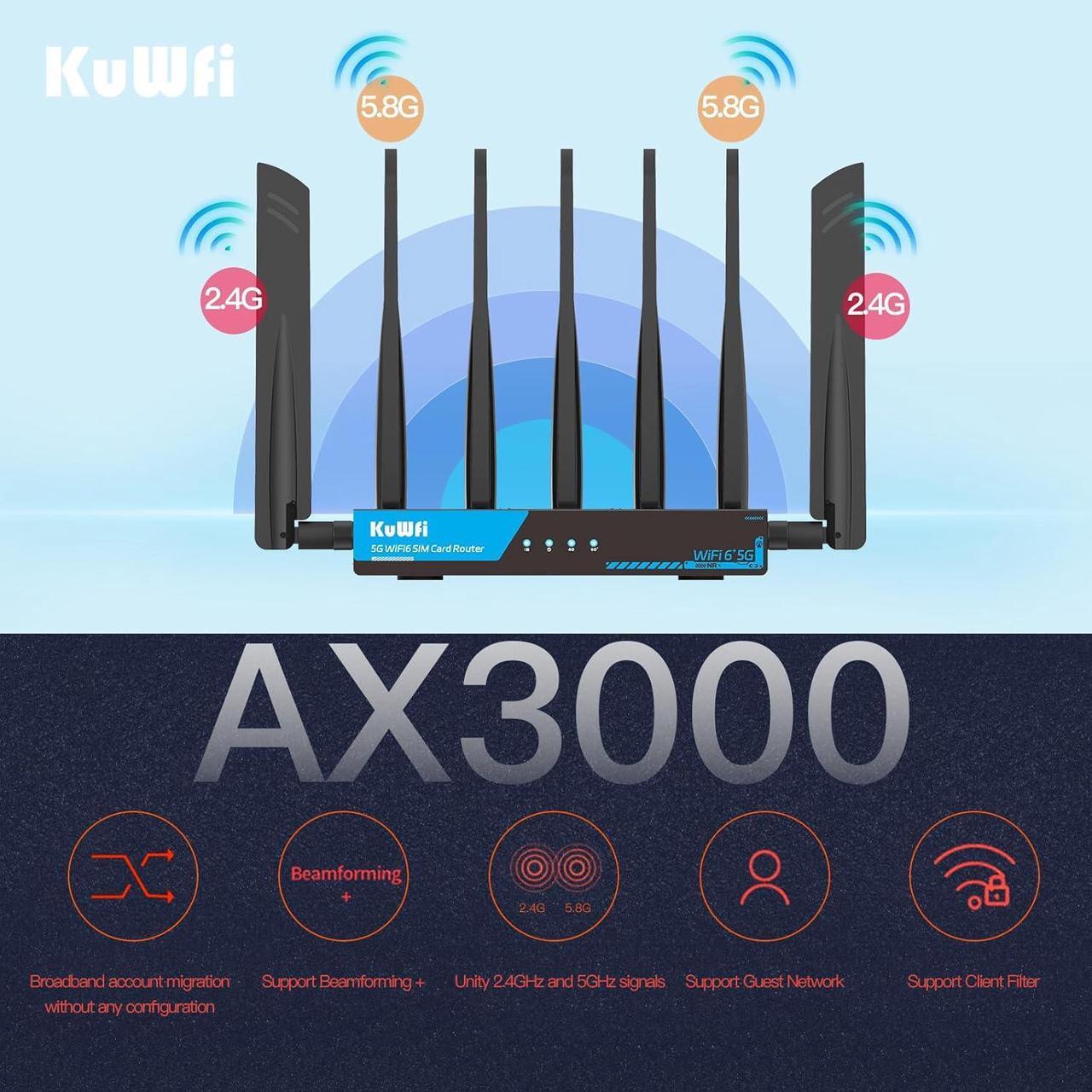 Alt view image 4 of 7 - KuWFi 5G Router Dual SIM Unlocked, WiFi 6 AX3000 2500Mbps Indoor 5G Router Dual Band SDX62, 4x4 MIMO, Band Lock/VPN, Detachable Antenna for RV/Home/Steamship