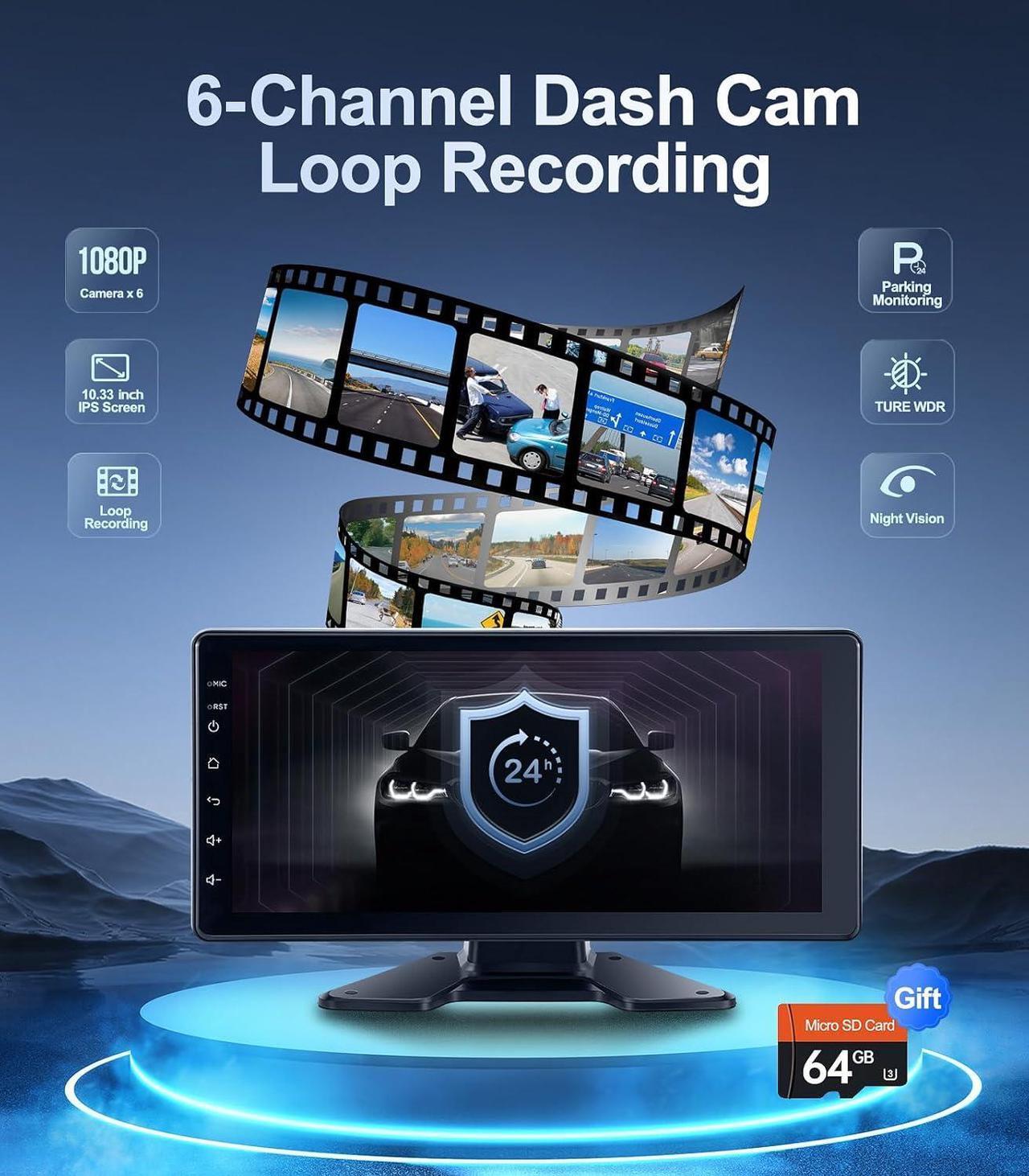 Alt view image 4 of 6 - Gadpiparty 6-Channel Dash Cam 1080P Backup Camera System with 10.33 Inch Touch Parking Monitor,DVR Recording Back Up Camera for RV/Truck/Trailer/Van/SUV/Cars,Wireless Carplay/Android Auto/WiFi/Blueto