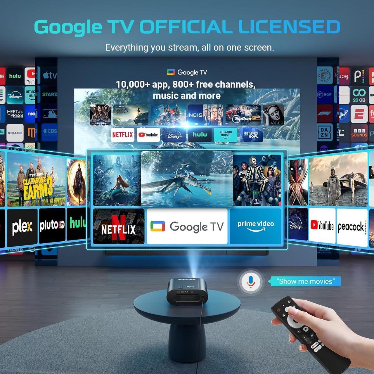 Alt view image 2 of 7 - GooDee Smart 4K Projector with WiFi and Bluetooth, Google TV-Licensed Outdoor Movie Projector with Netflix / Prime Video / YouTube Built-in, Keystone Voice Control Home Theater