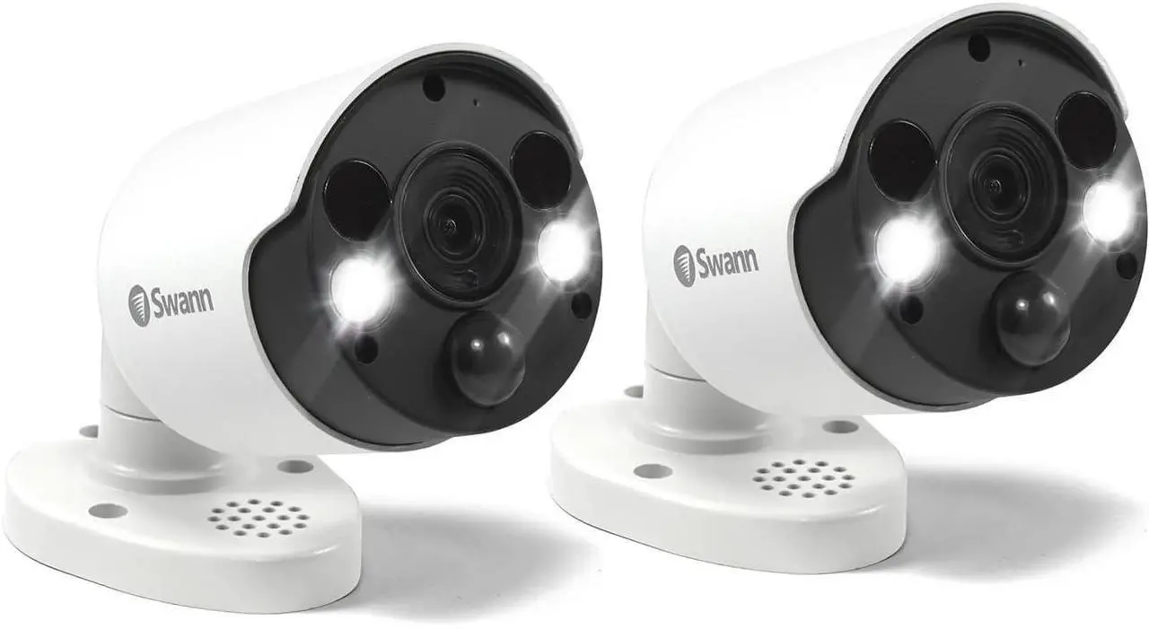 Main image of Swann Indoor/Outdoor Home Security 4K Ultra HD NVR Wired Bullet Camera and Spotlight, Color Night Vision, Heat & Motion Sensing Light, 2-Way Audio, Siren, Compatible w/NVR w/PoE, SWNHD-887MSFB 2 Pack