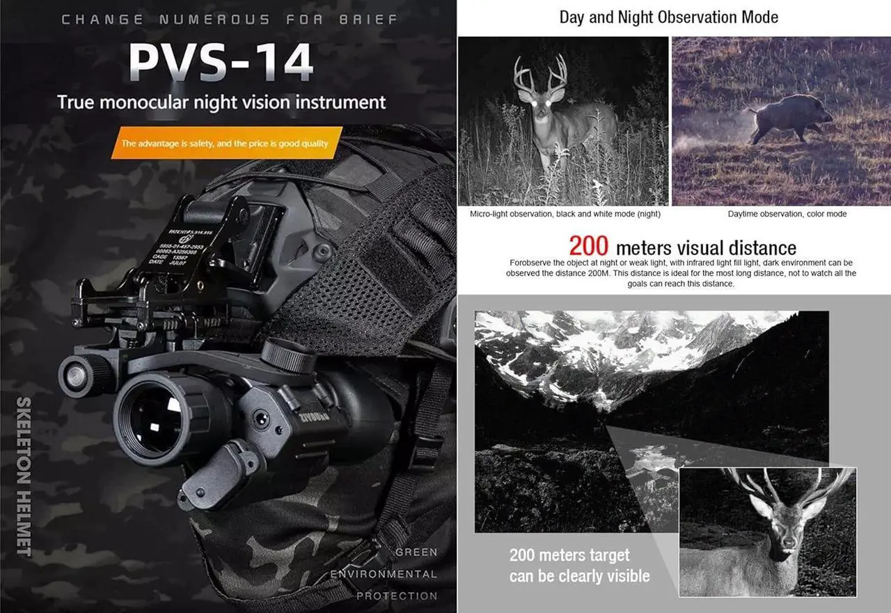 Alt view image 2 of 7 - Gadpiparty WUJITAIJI PVS 14 Night Vision Scope Night Vision monocular IR Digital Night Vision Goggles Helmet Nightvision Scopes nvg Mount Night Vision Device Telescope Outdoor 2X 200-300M (B)