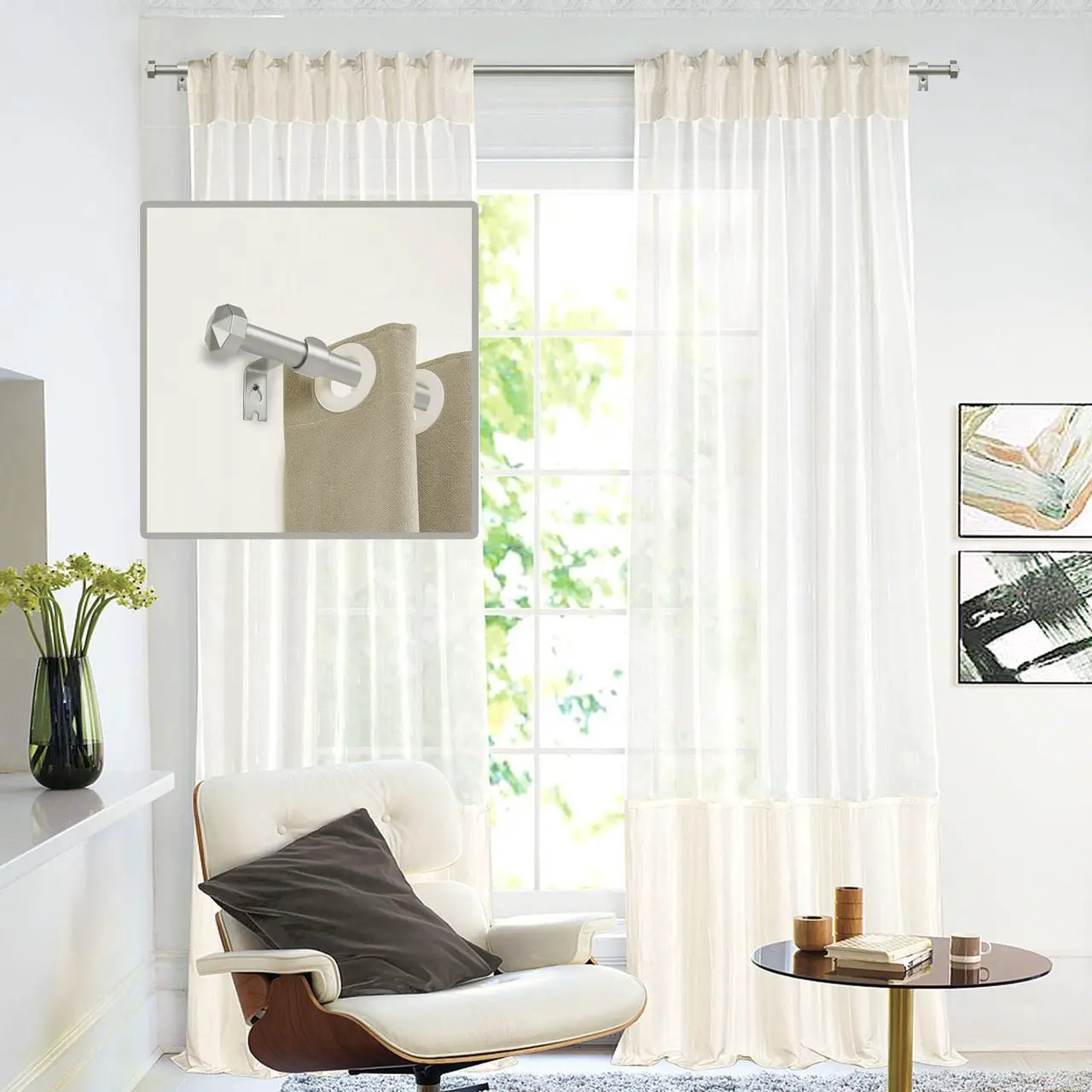 Alt view image 4 of 7 - N Urbanest 5/8" Diameter Single Telescopic Curtain Rod Set with Octagonal Finials, 28"-48", Pewter