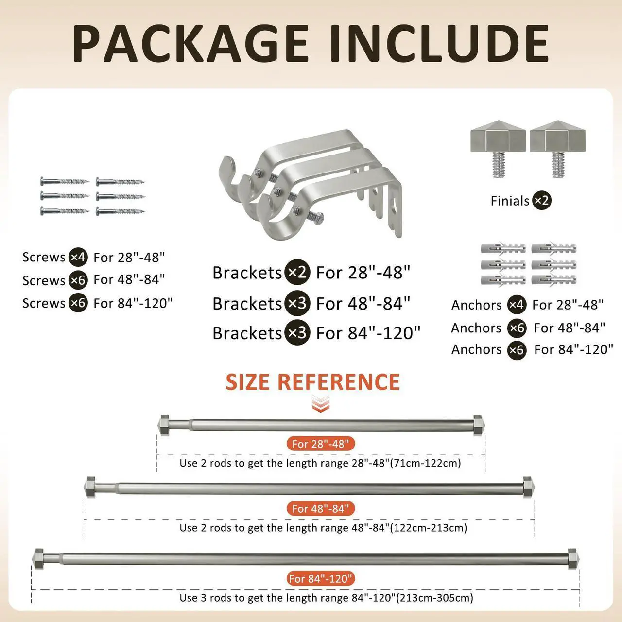 Alt view image 5 of 7 - N Urbanest 5/8" Diameter Single Telescopic Curtain Rod Set with Octagonal Finials, 28"-48", Pewter