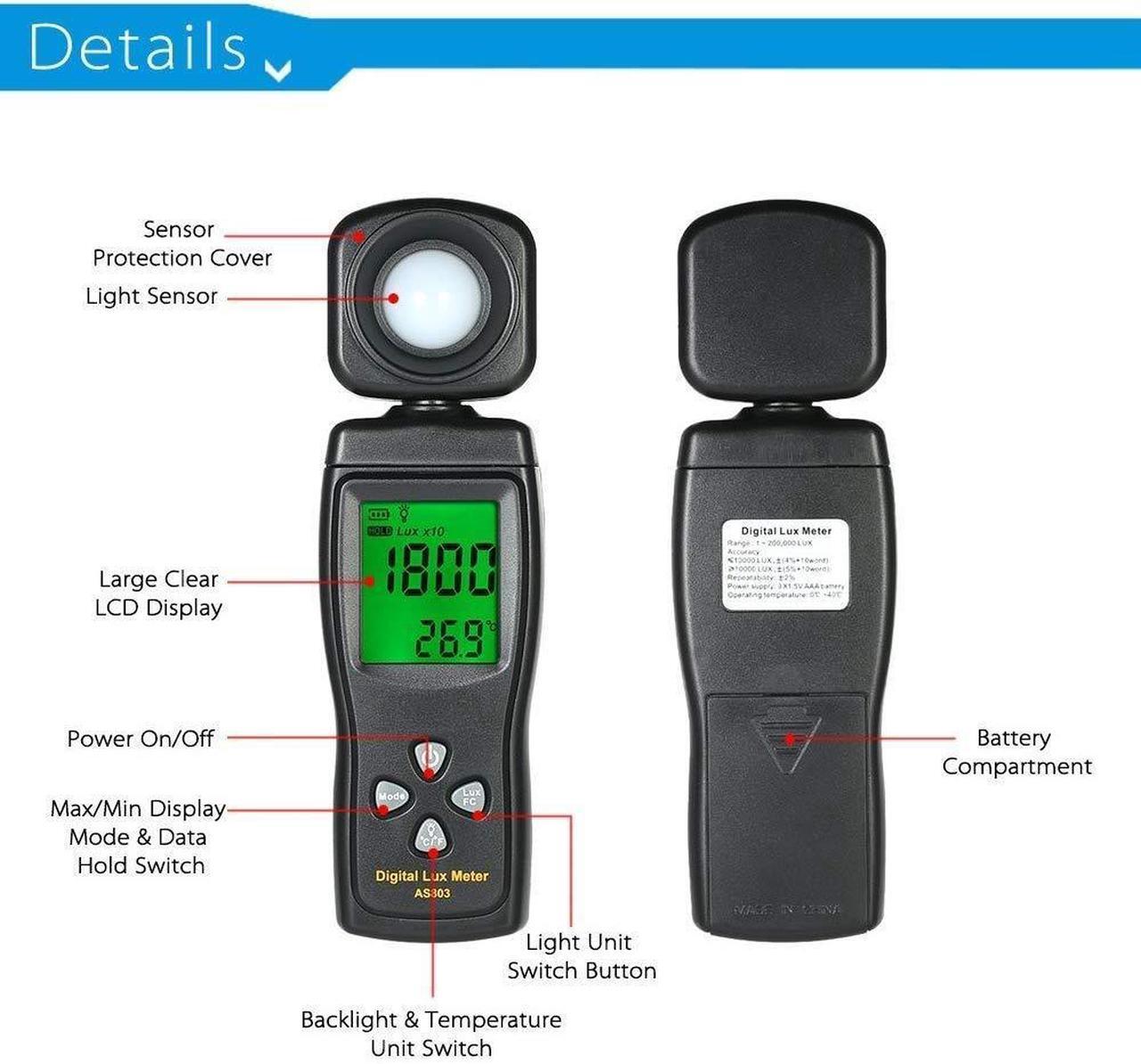 Alt view image 2 of 4 - DIXSG Digital Lux Meter, Illuminometer, Photometer, 0200,000 Lux Measure Range, Lux/FC Unit Selection for Homes, Agriculture, Warehouses, Farms, Stage, Stadiums