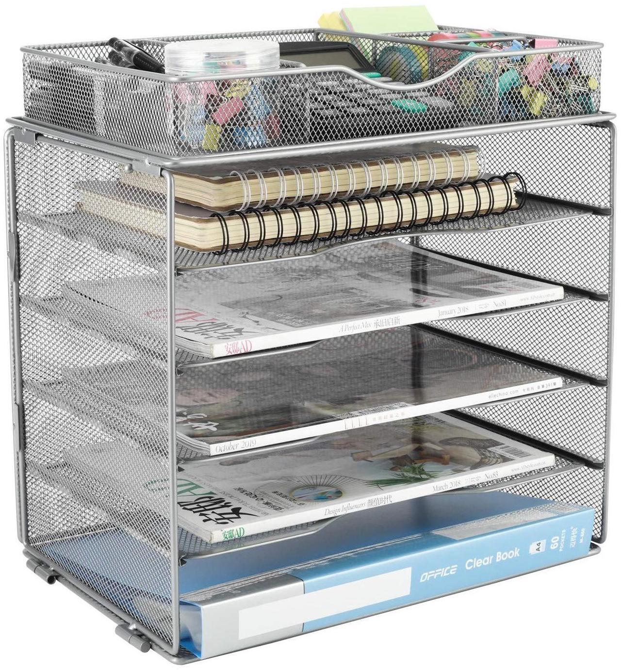 Main image of EasyPAG Desk Organizer Tray with Drawer 5 Tier Mesh File Sorter Paper Storage Organizer for Home Office Classroom, Silver
