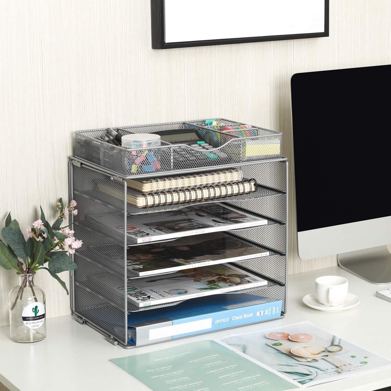 Alt view image 4 of 6 - EasyPAG Desk Organizer Tray with Drawer 5 Tier Mesh File Sorter Paper Storage Organizer for Home Office Classroom, Silver