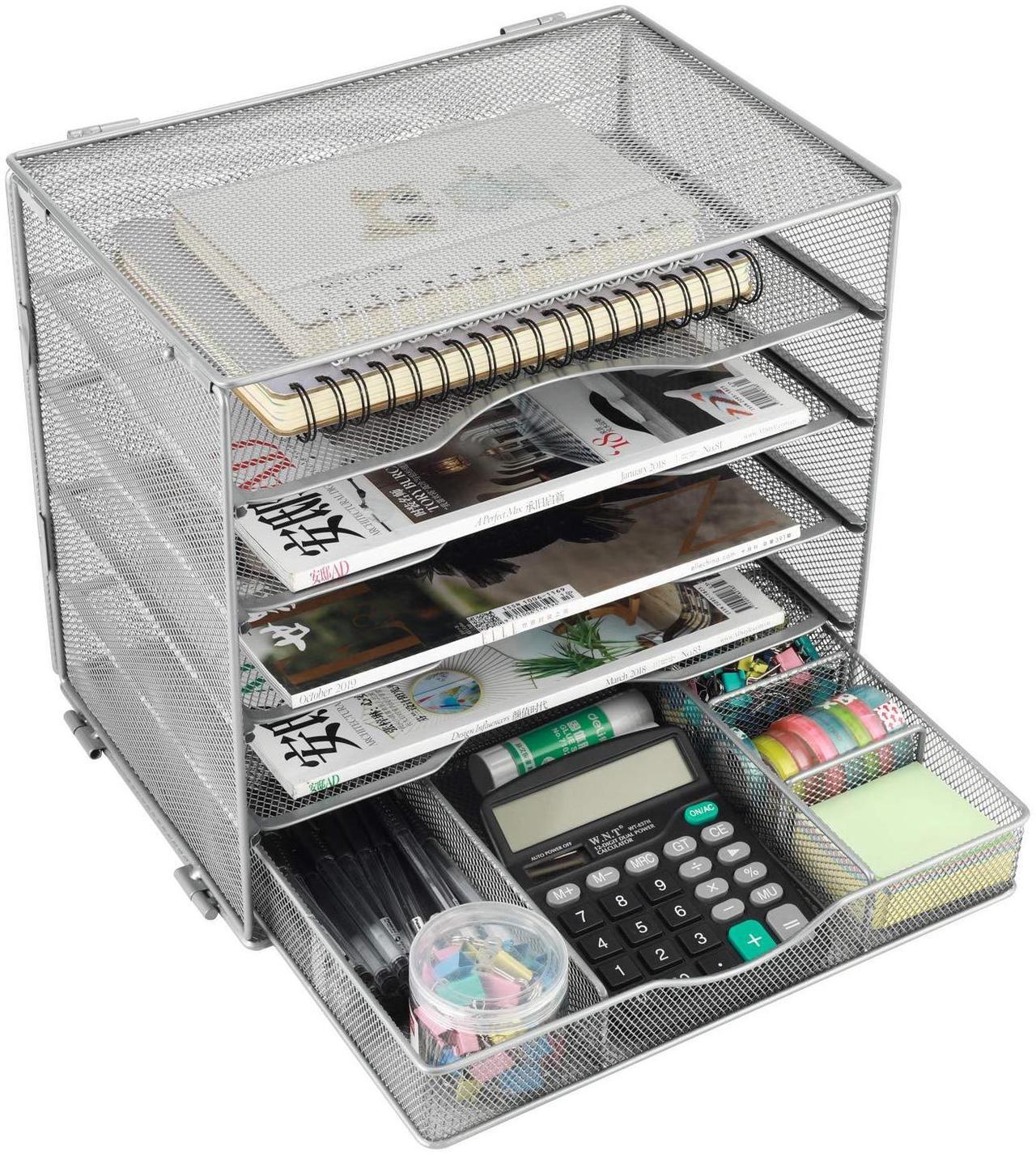 Alt view image 2 of 6 - EasyPAG Desk Organizer Tray with Drawer 5 Tier Mesh File Sorter Paper Storage Organizer for Home Office Classroom, Silver