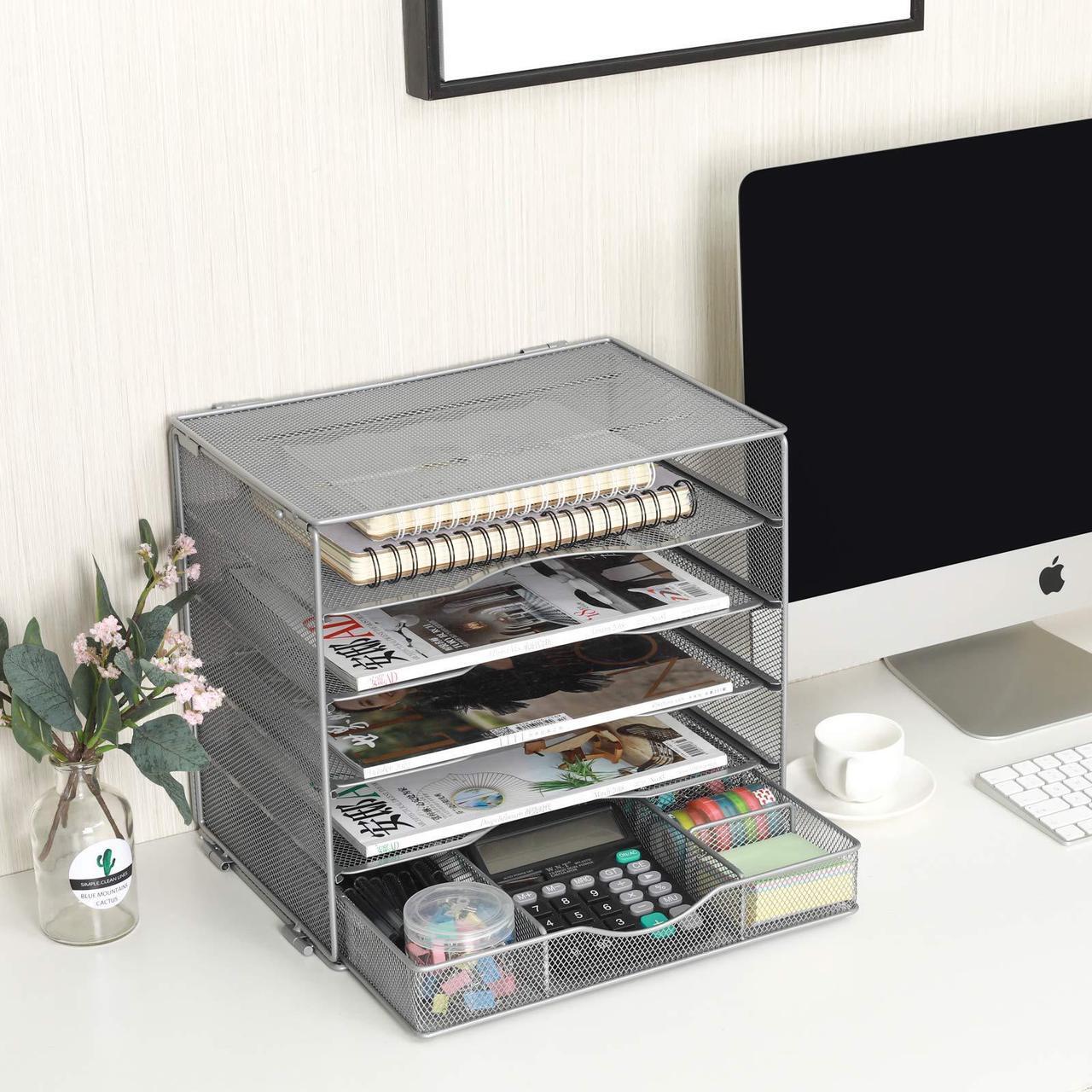 Alt view image 5 of 6 - EasyPAG Desk Organizer Tray with Drawer 5 Tier Mesh File Sorter Paper Storage Organizer for Home Office Classroom, Silver
