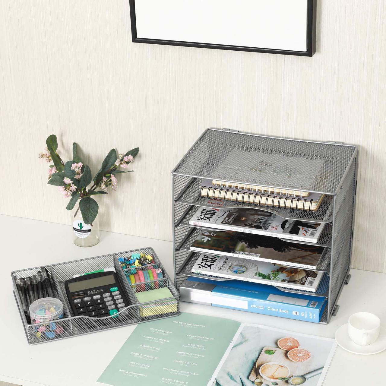 Alt view image 6 of 6 - EasyPAG Desk Organizer Tray with Drawer 5 Tier Mesh File Sorter Paper Storage Organizer for Home Office Classroom, Silver