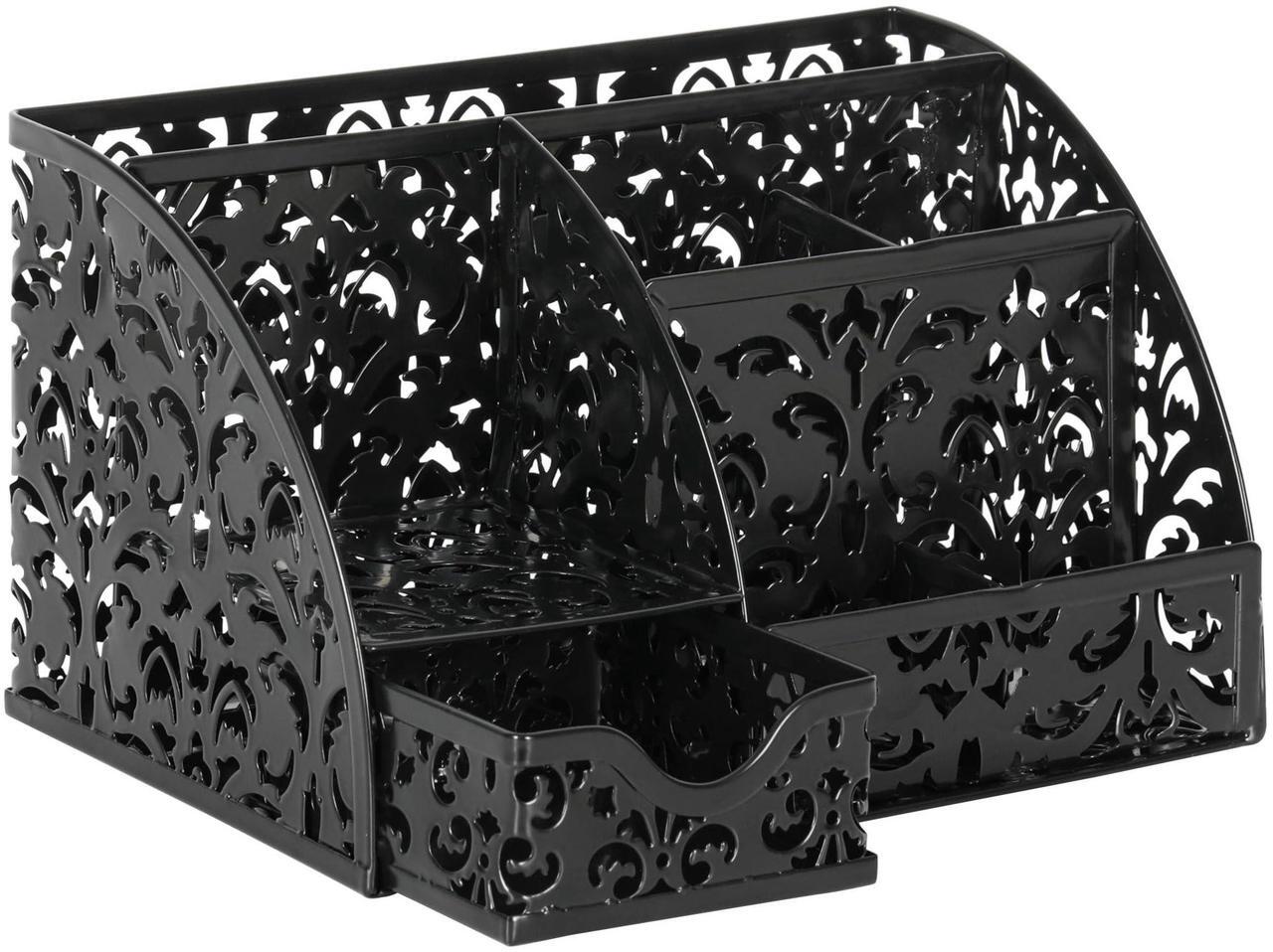 Alt view image 2 of 7 - EasyPAG Elegant Floral Desk Organizer with Sliding Drawer - 6 Compartments Metal Desktop Caddy, Decorative Hollow Flower Design, Anti-Scratch Pads for Home, Office, School, Black